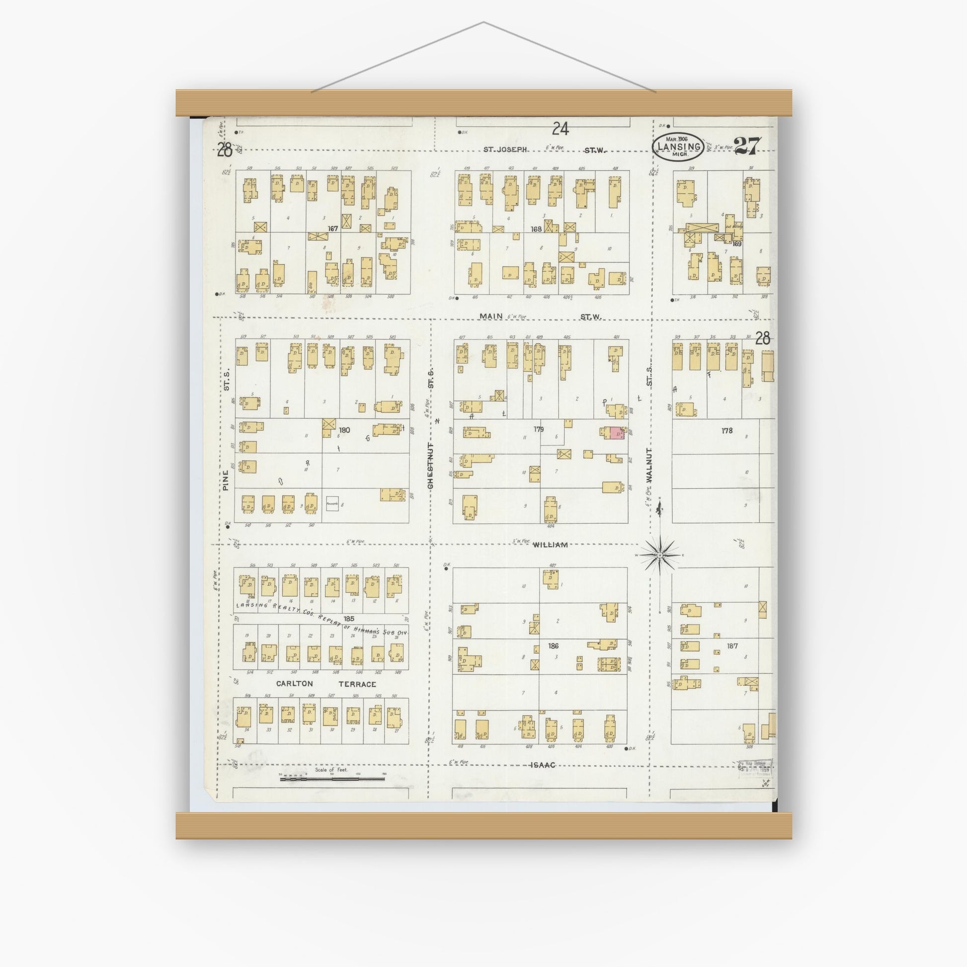 Old map wall art mockup — magnetic wood frame on white wall — Sanborn Fire Insurance Map from Lansing, Ingham County, Michigan (1906), Sheet #0027