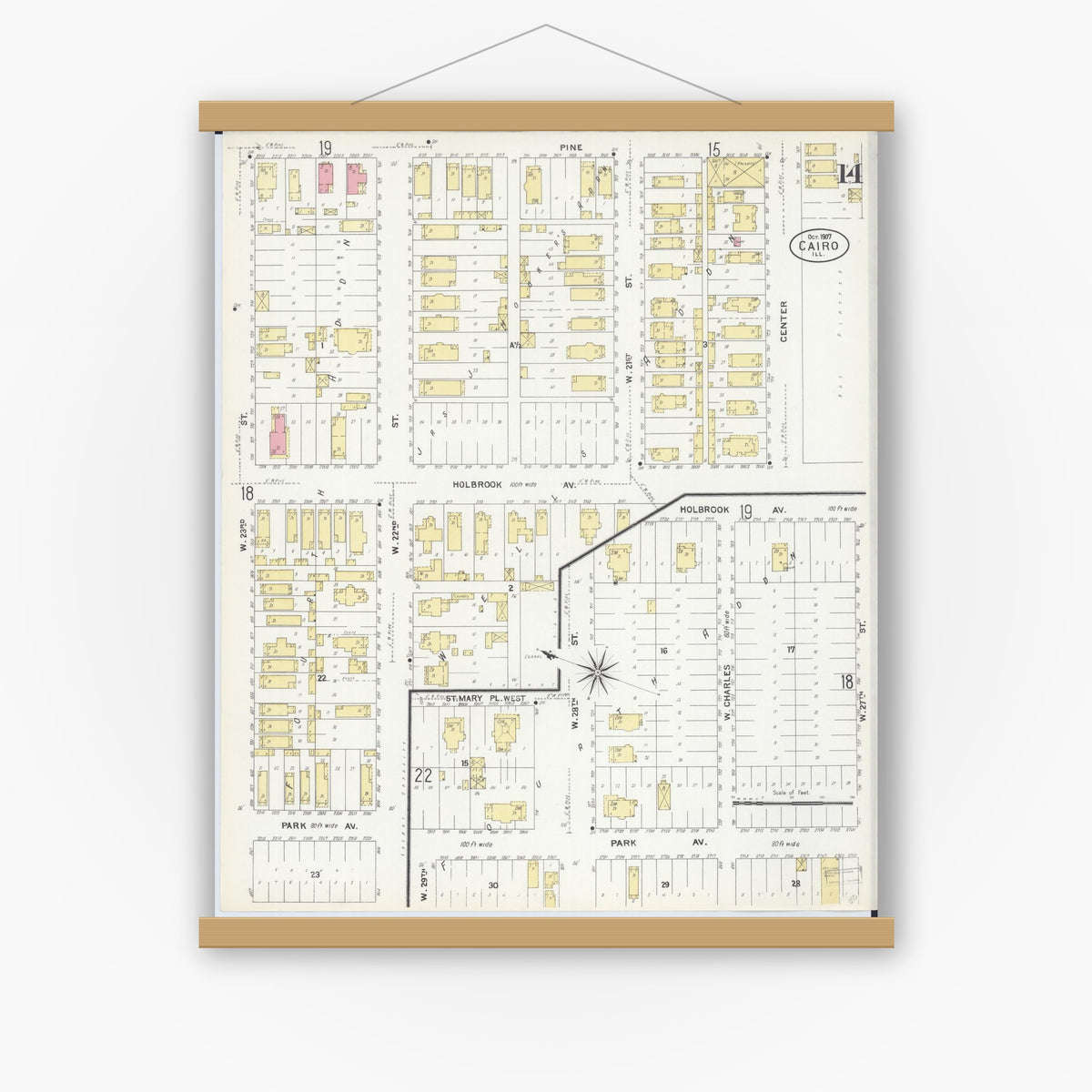 Old map wall art mockup — magnetic wood frame on white wall — Sanborn Fire Insurance Map from Cairo, Alexander County, Illinois (1907), Sheet #0014