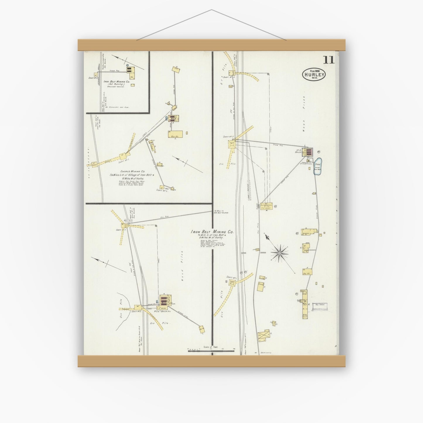 Old map wall art mockup — magnetic wood frame on white wall — Sanborn Fire Insurance Map from Hurley, Iron County, Wisconsin (1898), Sheet #0011