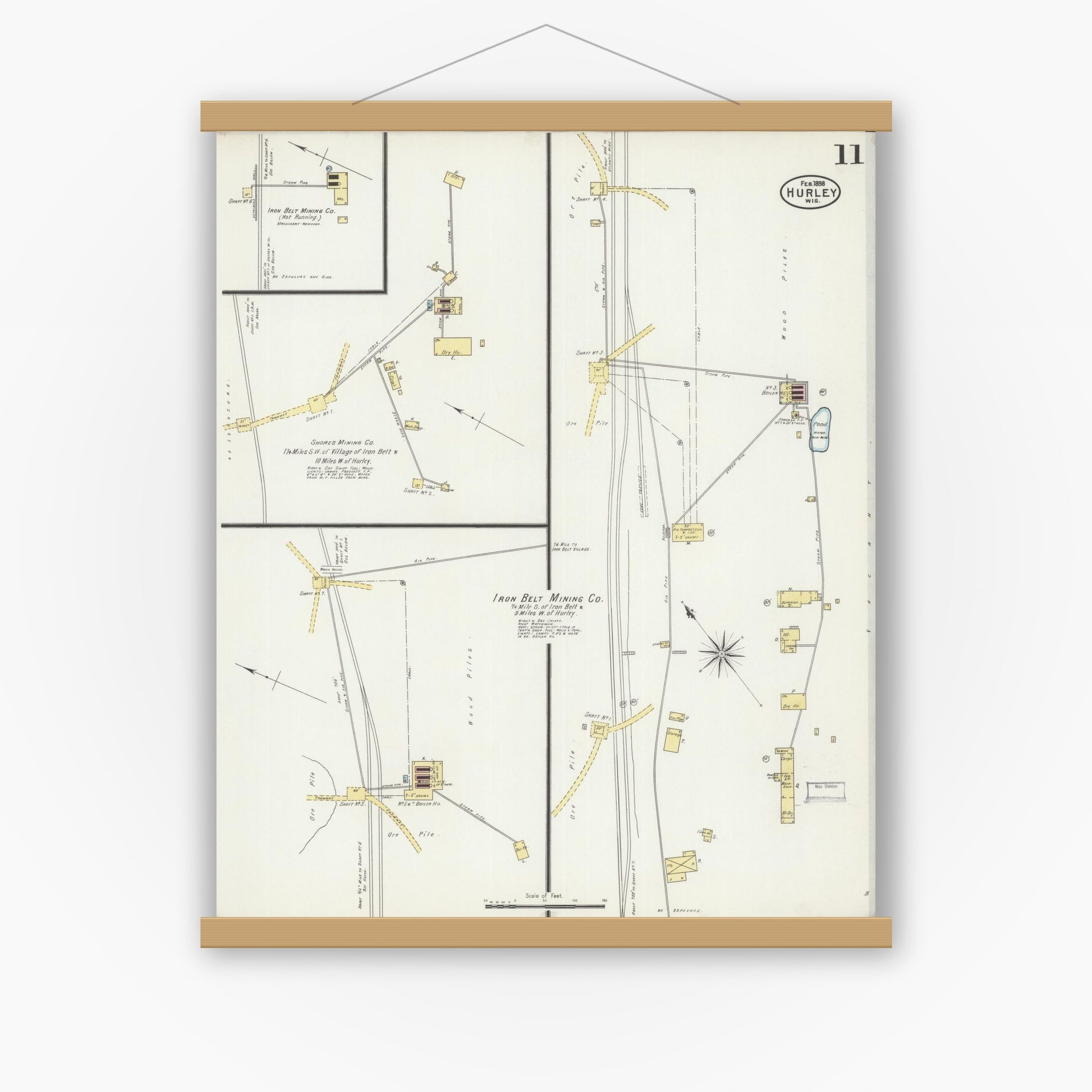 Old map wall art mockup — magnetic wood frame on white wall — Sanborn Fire Insurance Map from Hurley, Iron County, Wisconsin (1898), Sheet #0011