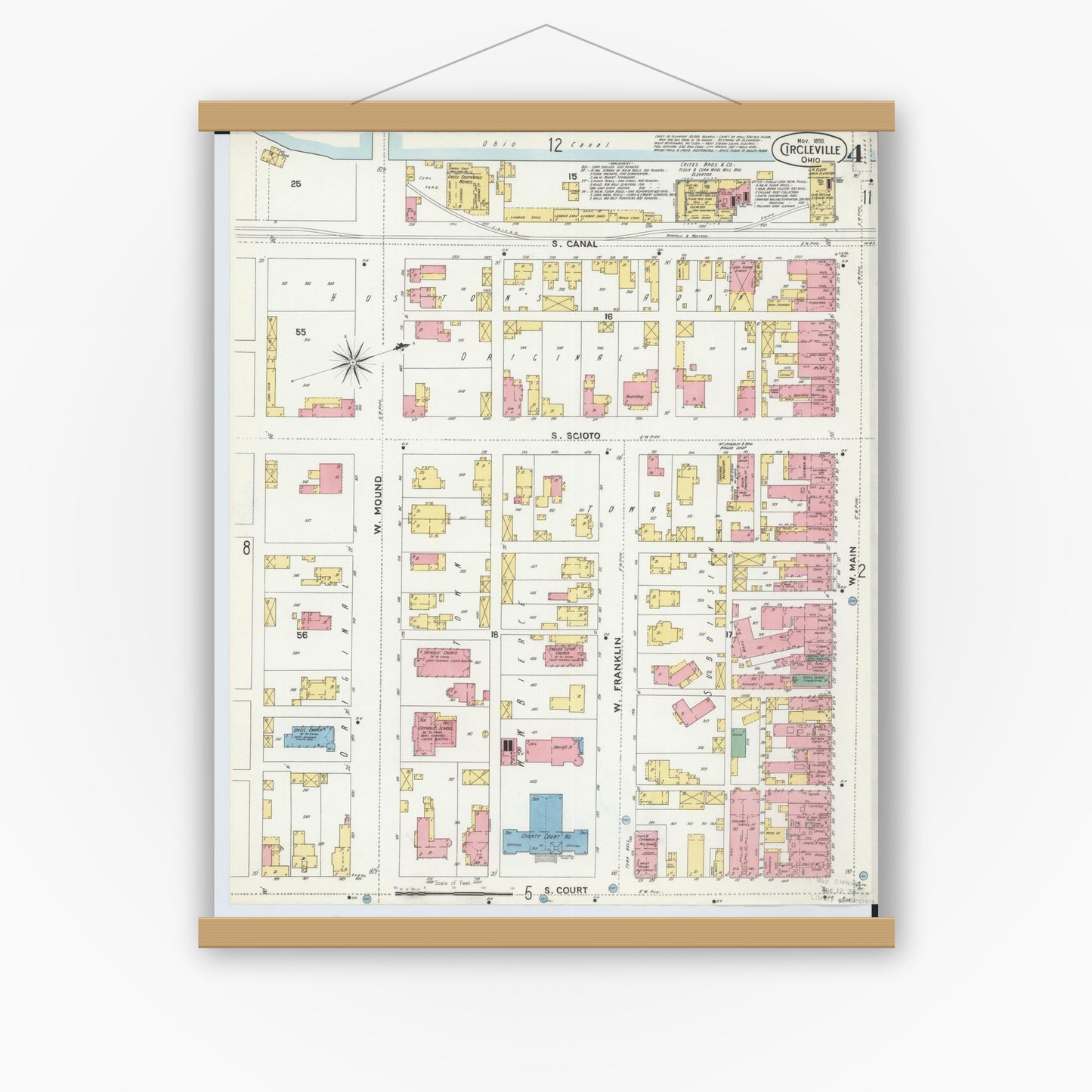 Old map wall art mockup — magnetic wood frame on white wall — Sanborn Fire Insurance Map from Circleville, Pickaway County, Ohio (1899), Sheet #0004