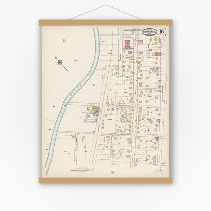 Old map wall art mockup — magnetic wood frame on white wall — Sanborn Fire Insurance Map from New Braunfels, Comal County, Texas (1922), Sheet #0016