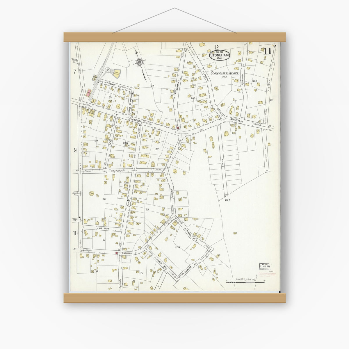 Old map wall art mockup — magnetic wood frame on white wall — Sanborn Fire Insurance Map from Stoneham, Middlesex County, Massachusetts (1916), Sheet #0011