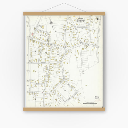 Old map wall art mockup — magnetic wood frame on white wall — Sanborn Fire Insurance Map from Stoneham, Middlesex County, Massachusetts (1916), Sheet #0011