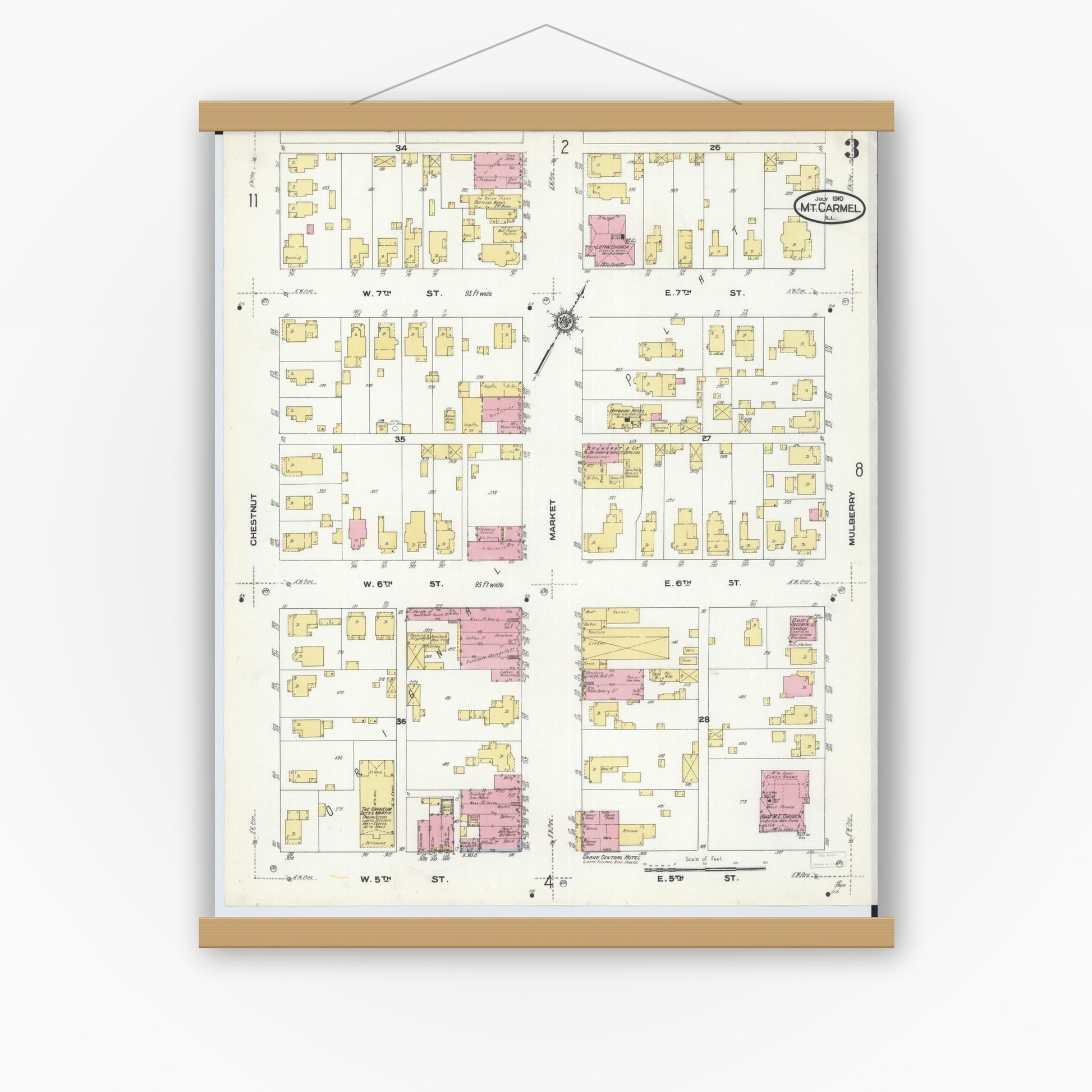 Old map wall art mockup — magnetic wood frame on white wall — Sanborn Fire Insurance Map from Mount Carmel, Wabash County, Illinois (1910), Sheet #0003
