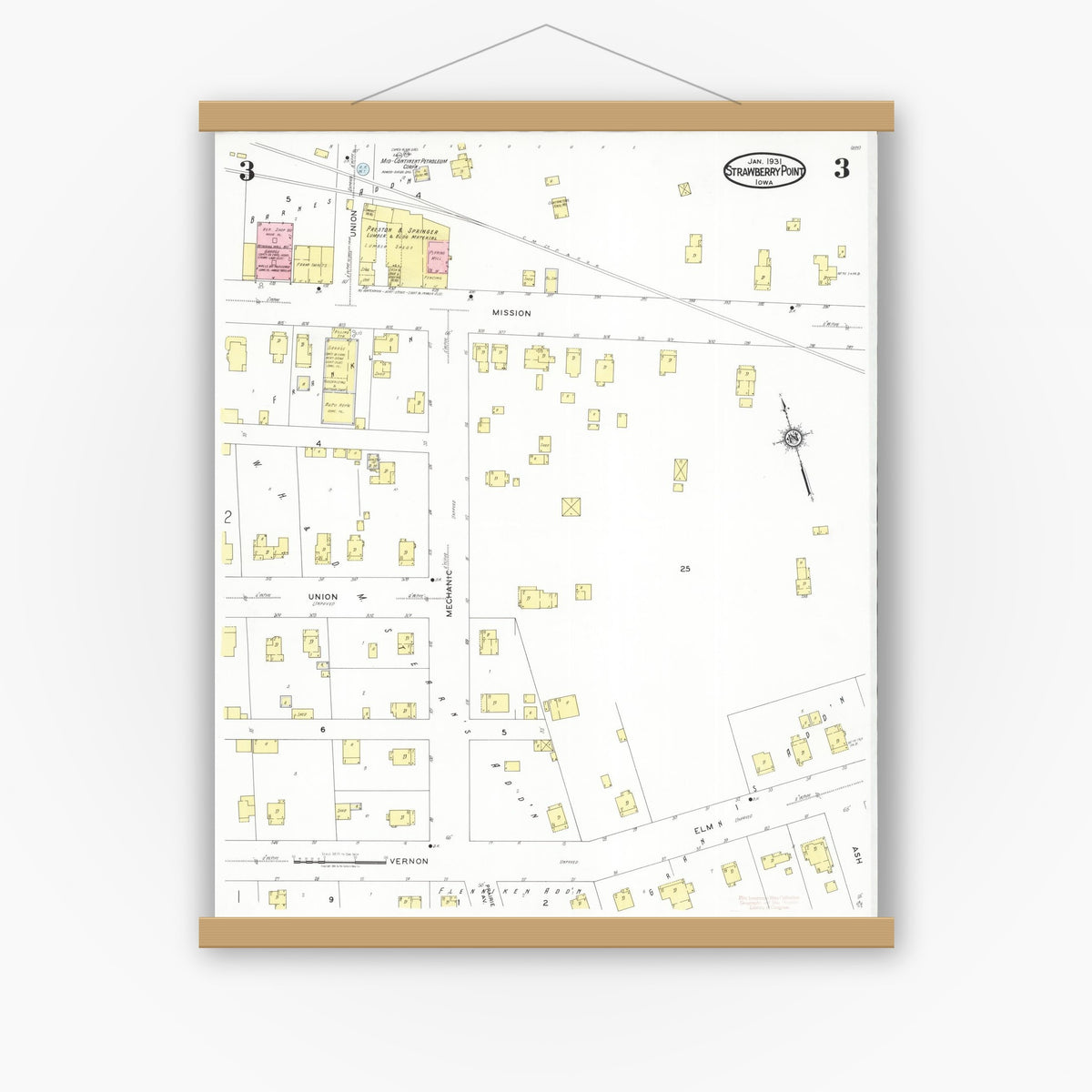Old map wall art mockup — magnetic wood frame on white wall — Sanborn Fire Insurance Map from Strawberry Point, Clayton County, Iowa (1931), Sheet #0003