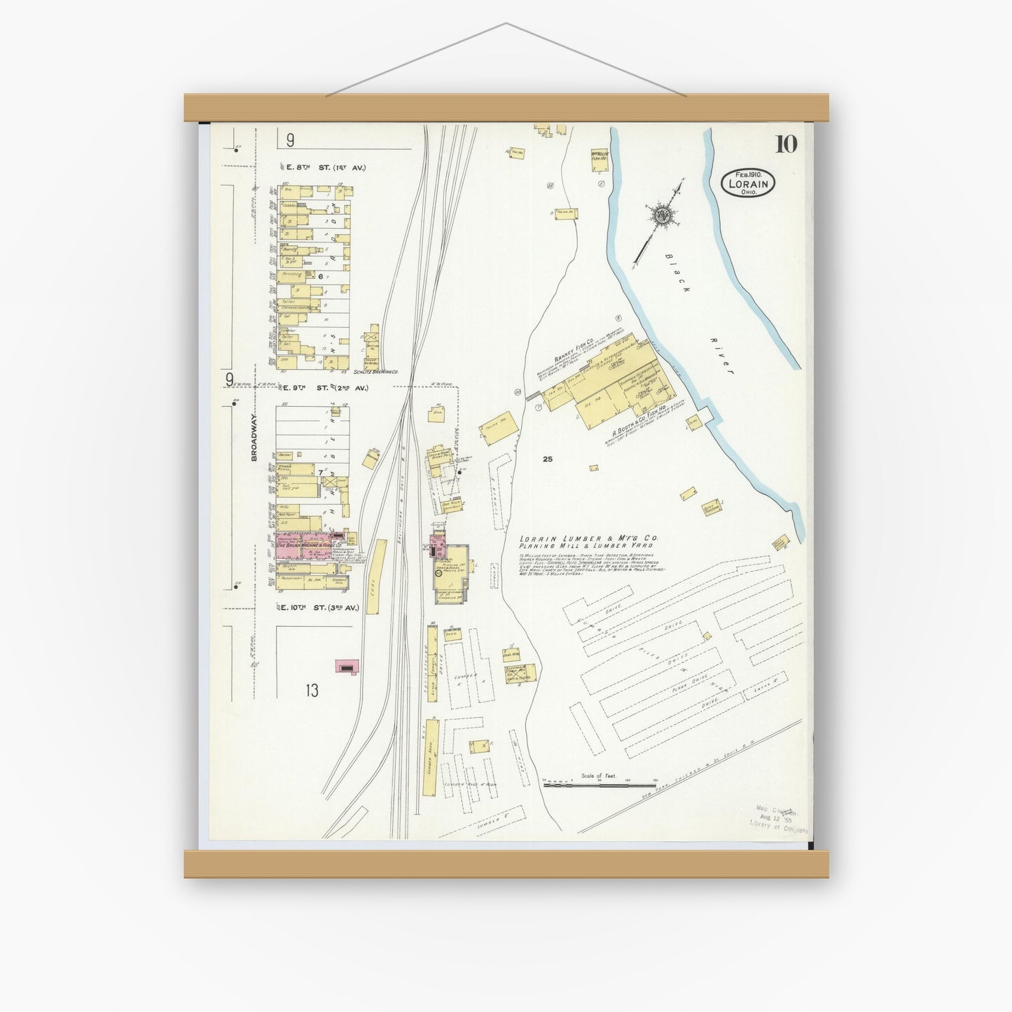Old map wall art mockup — magnetic wood frame on white wall — Sanborn Fire Insurance Map from Lorain, Lorain County, Ohio (1910), Sheet #0010