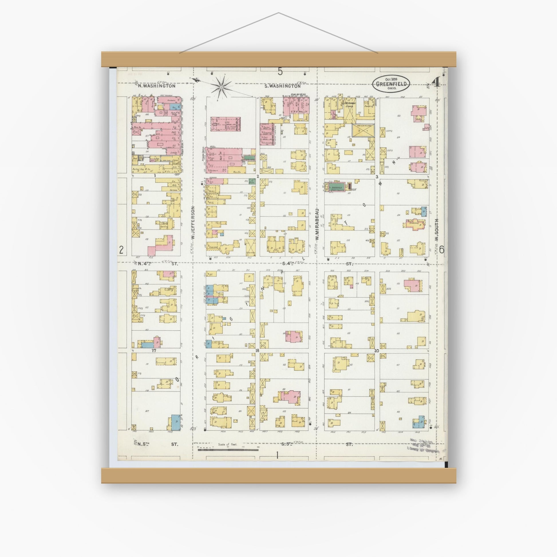Old map wall art mockup — magnetic wood frame on white wall — Sanborn Fire Insurance Map from Greenfield, Highland County, Ohio (1899), Sheet #0004