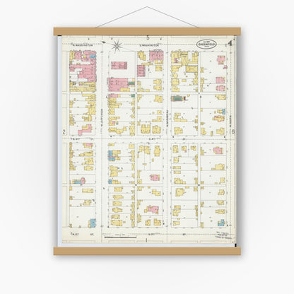 Old map wall art mockup — magnetic wood frame on white wall — Sanborn Fire Insurance Map from Greenfield, Highland County, Ohio (1899), Sheet #0004