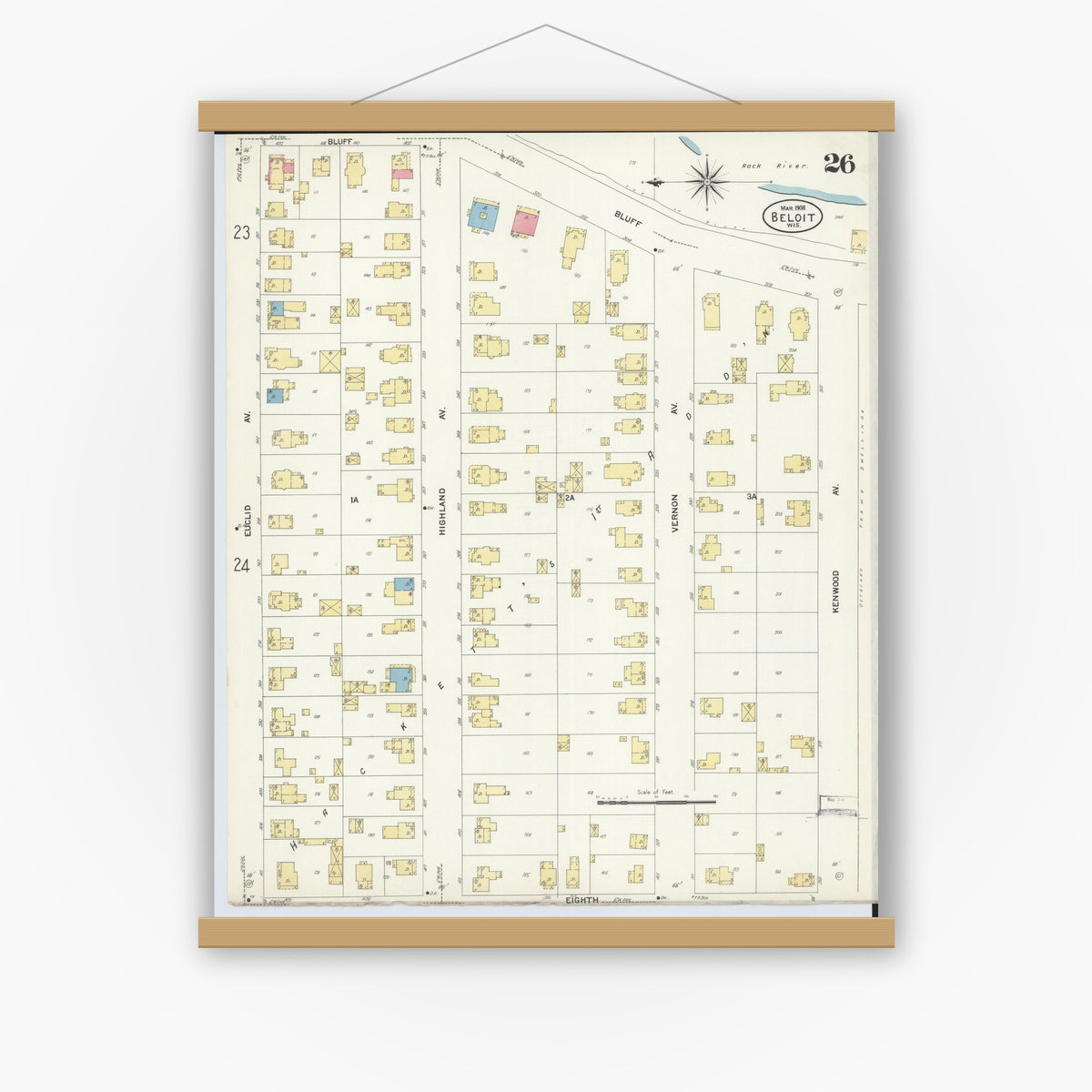 Old map wall art mockup — magnetic wood frame on white wall — Sanborn Fire Insurance Map from Beloit, Rock County, Wisconsin (1908), Sheet #0026