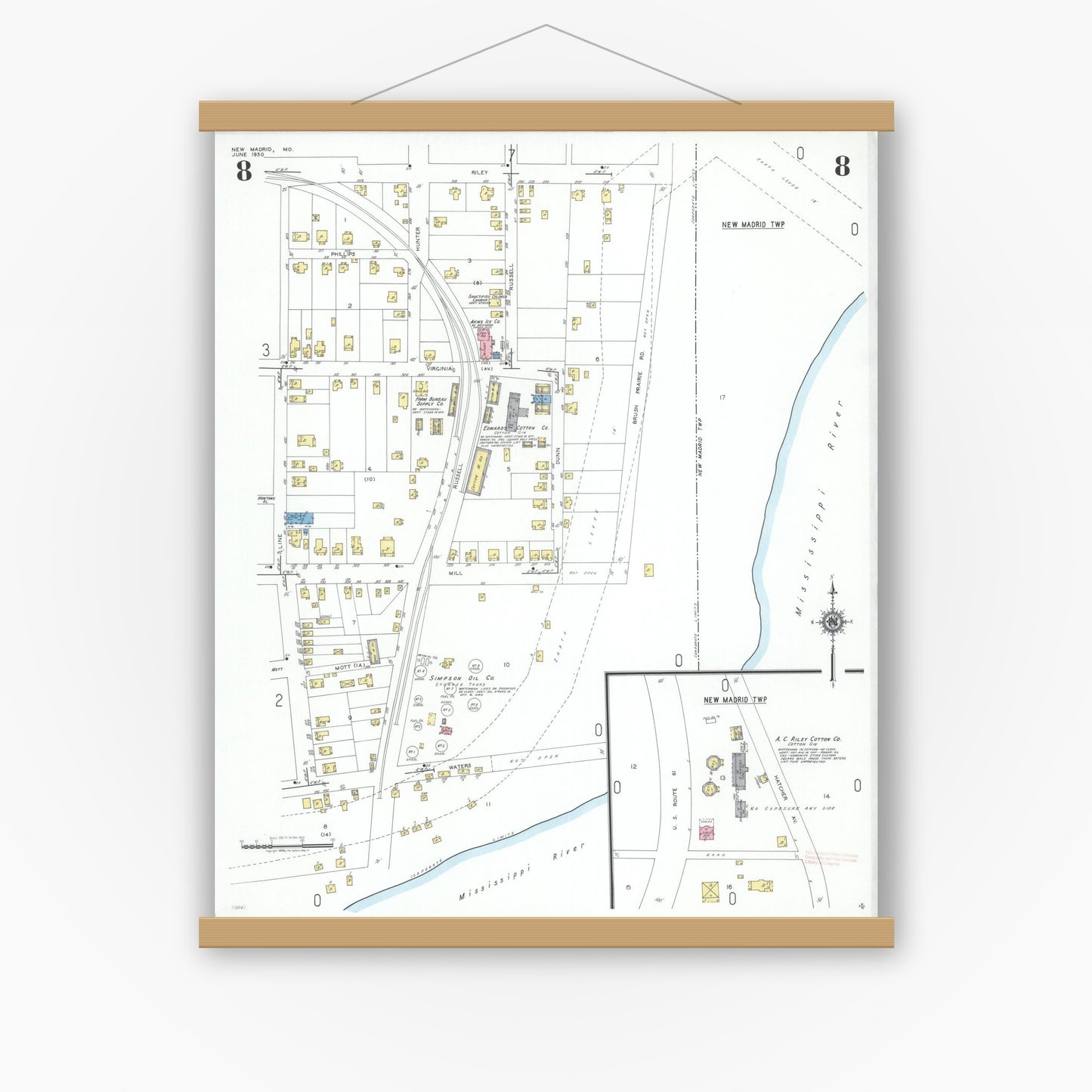 Old map wall art mockup — magnetic wood frame on white wall — Sanborn Fire Insurance Map from New Madrid, New Madrid County, Missouri (1950), Sheet #0008