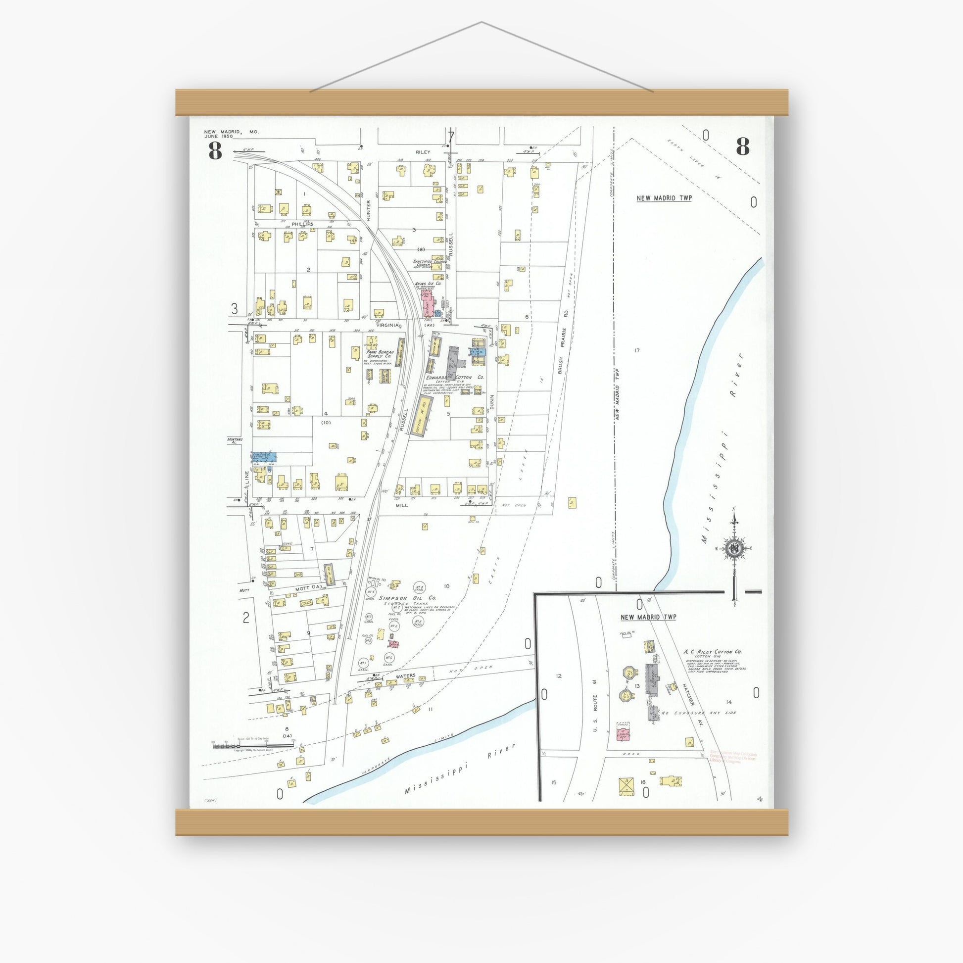 Old map wall art mockup — magnetic wood frame on white wall — Sanborn Fire Insurance Map from New Madrid, New Madrid County, Missouri (1950), Sheet #0008