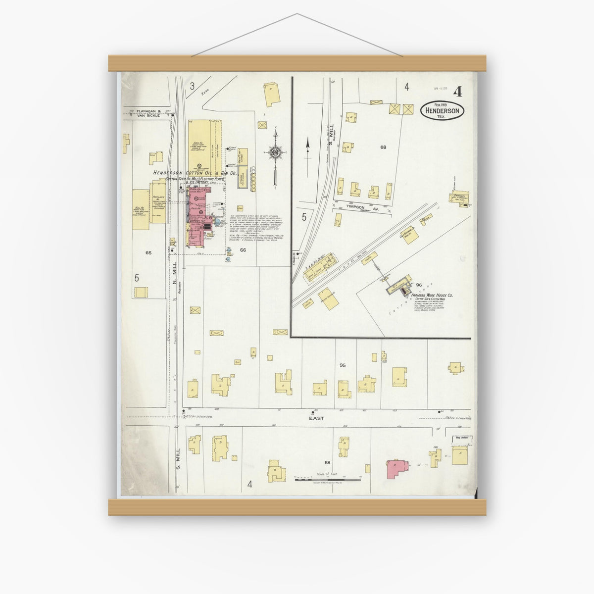 Old map wall art mockup — magnetic wood frame on white wall — Sanborn Fire Insurance Map from Henderson, Rusk County, Texas (1919), Sheet #0004