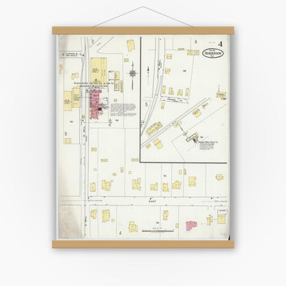 Old map wall art mockup — magnetic wood frame on white wall — Sanborn Fire Insurance Map from Henderson, Rusk County, Texas (1919), Sheet #0004