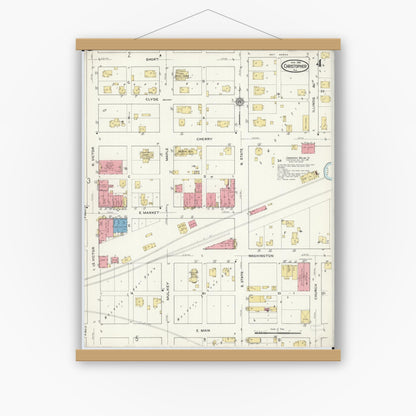 Old map wall art mockup — magnetic wood frame on white wall — Sanborn Fire Insurance Map from Christopher, Franklin County, Illinois (1916), Sheet #0004
