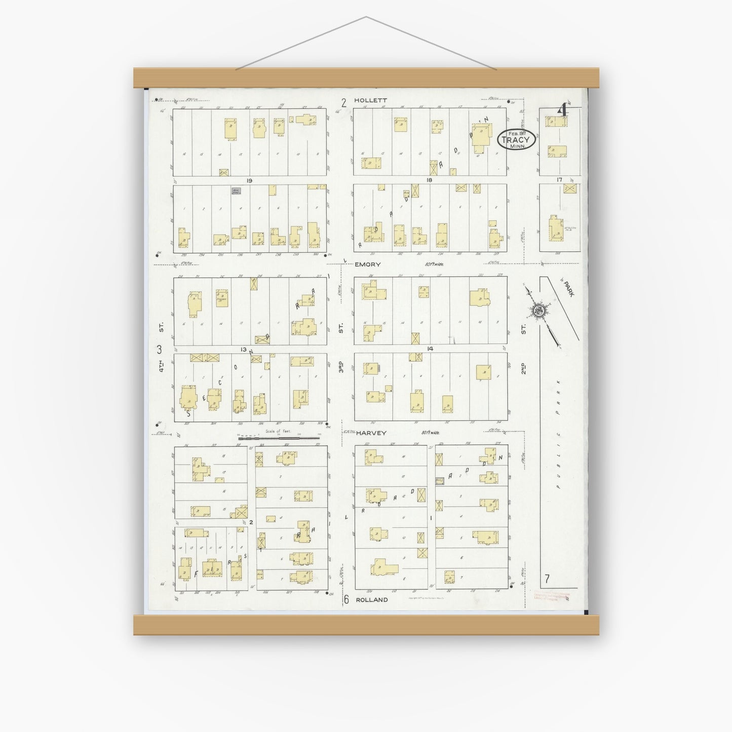 Old map wall art mockup — magnetic wood frame on white wall — Sanborn Fire Insurance Map from Tracy, Lyon County, Minnesota (1917), Sheet #0004