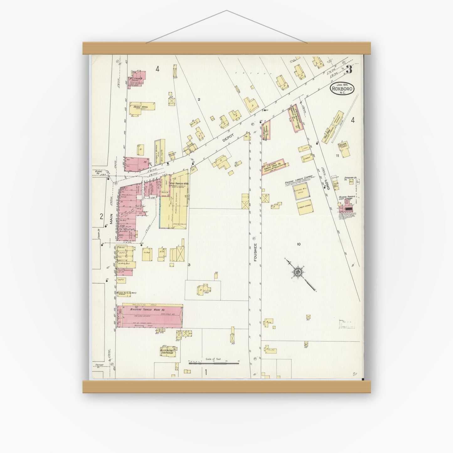 Old map wall art mockup — magnetic wood frame on white wall — Sanborn Fire Insurance Map from Roxboro, Person County, North Carolina (1914), Sheet #0003