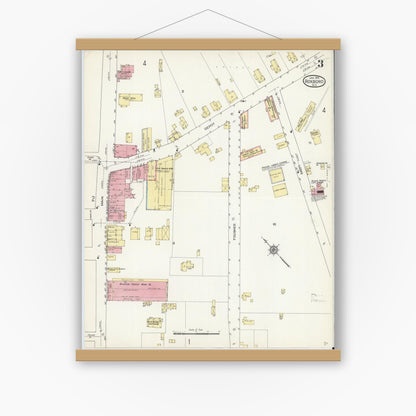 Old map wall art mockup — magnetic wood frame on white wall — Sanborn Fire Insurance Map from Roxboro, Person County, North Carolina (1914), Sheet #0003