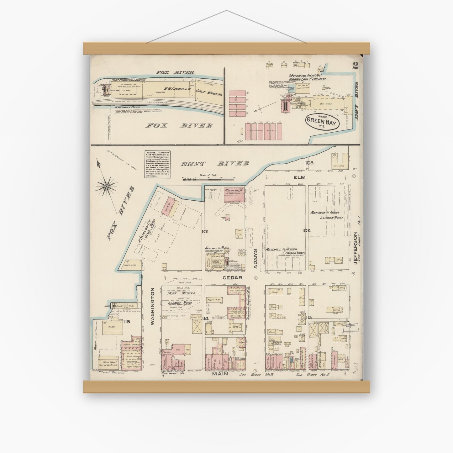 Old map wall art mockup — magnetic wood frame on white wall — Sanborn Fire Insurance Map from Green Bay, Brown County, Wisconsin (1883) - Complete Map Set
