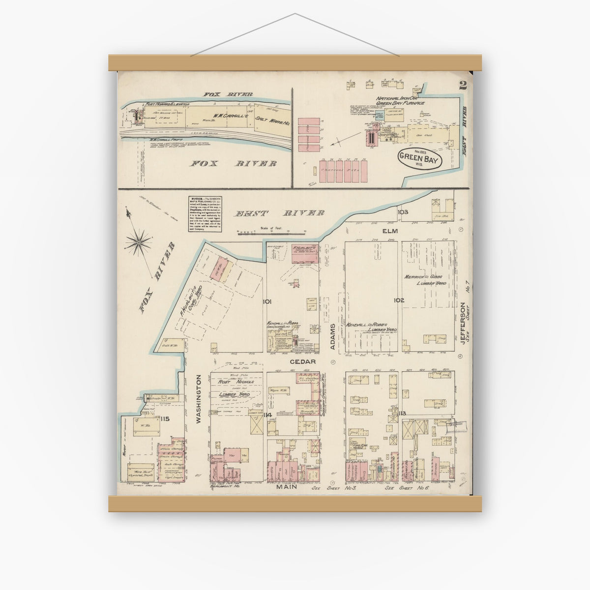 Old map wall art mockup — magnetic wood frame on white wall — Sanborn Fire Insurance Map from Green Bay, Brown County, Wisconsin (1883) - Complete Map Set