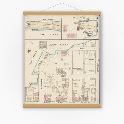 Old map wall art mockup — magnetic wood frame on white wall — Sanborn Fire Insurance Map from Green Bay, Brown County, Wisconsin (1883) - Complete Map Set