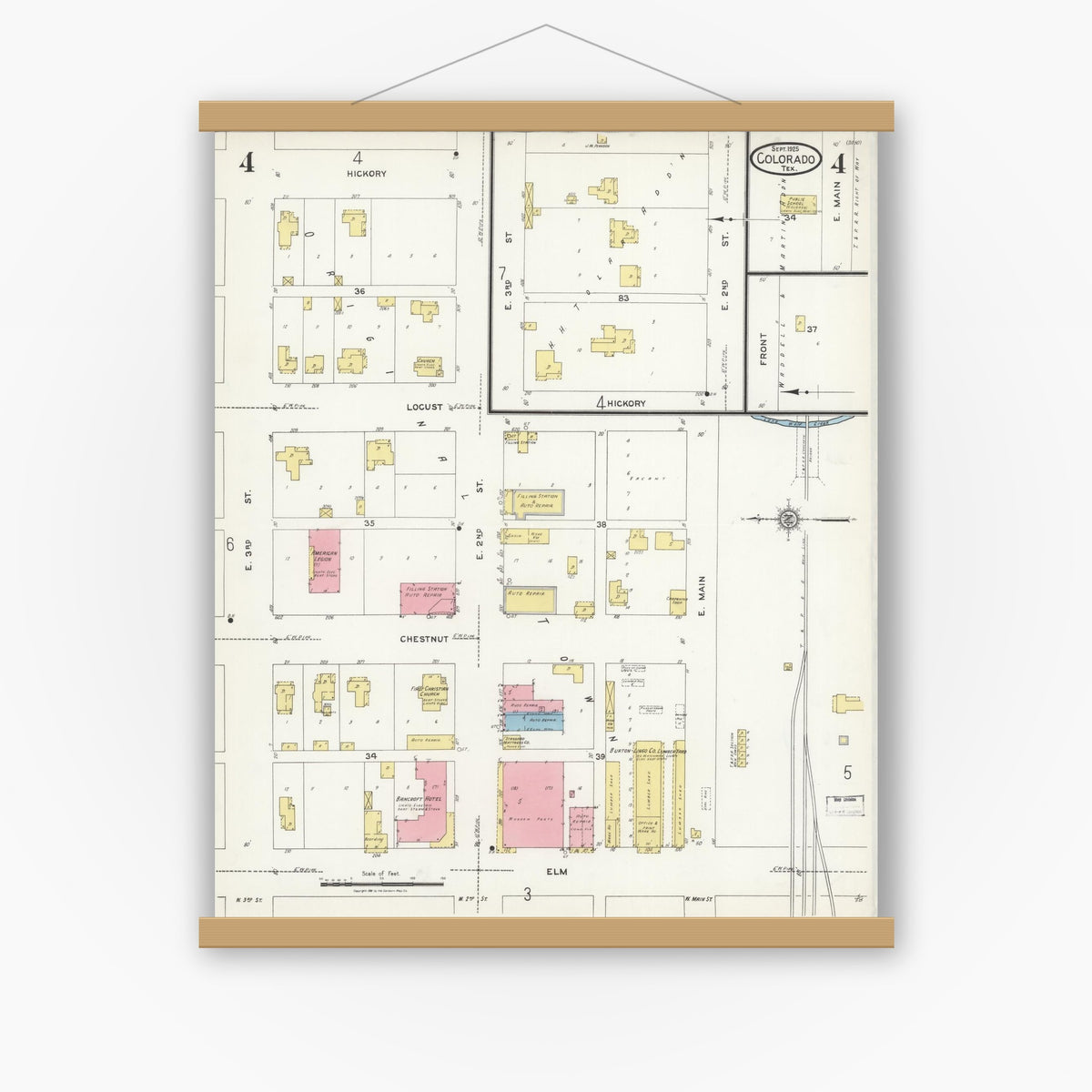 Old map wall art mockup — magnetic wood frame on white wall — Sanborn Fire Insurance Map from Colorado, Mitchell County, Texas (1925), Sheet #0004