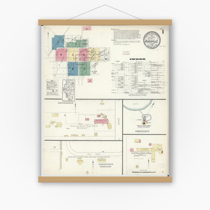 Old map wall art mockup — magnetic wood frame on white wall — Sanborn Fire Insurance Map from Rushville, Schuyler County, Illinois (1913) - Complete Map Set