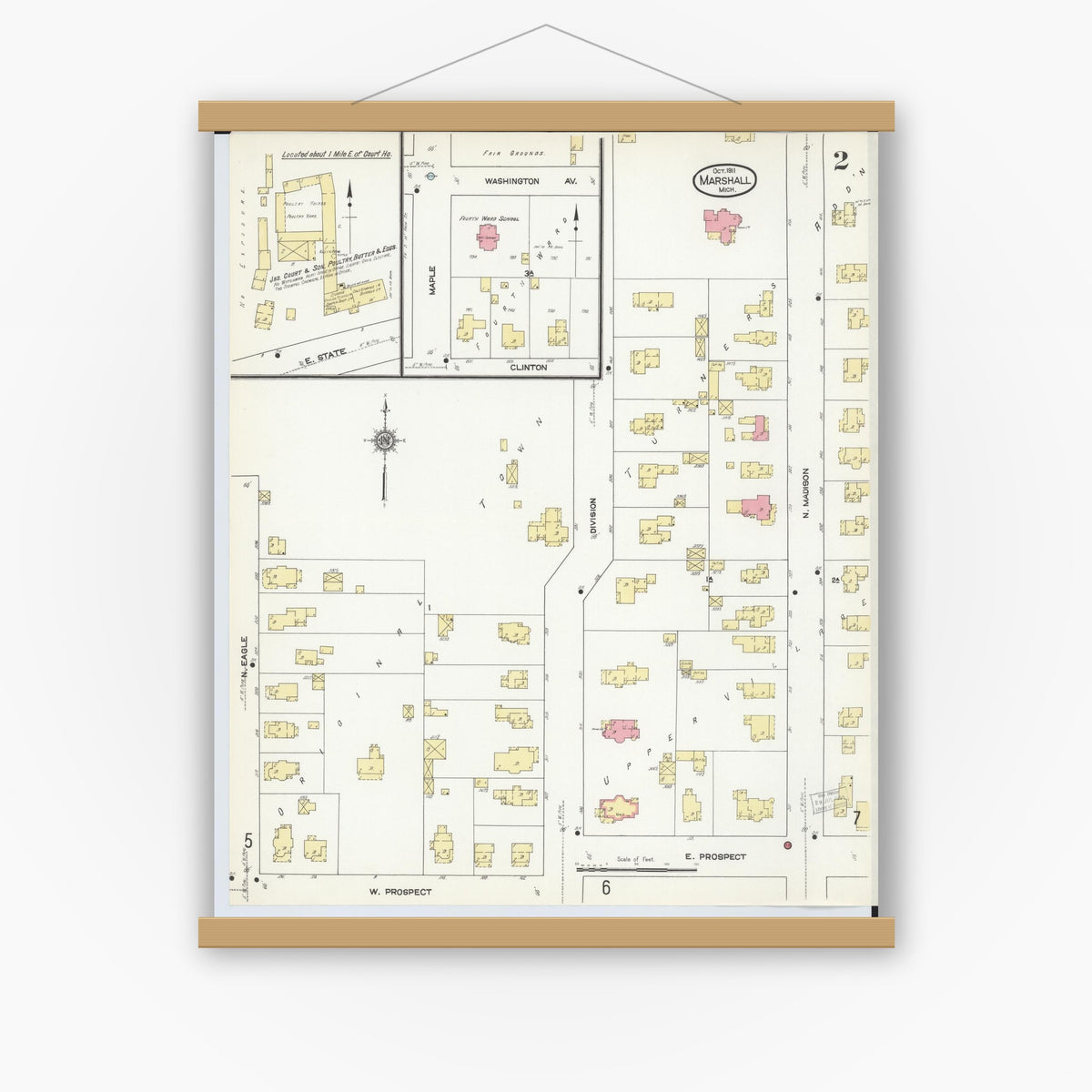 Old map wall art mockup — magnetic wood frame on white wall — Sanborn Fire Insurance Map from Marshall, Calhoun County, Michigan (1911), Sheet #0002