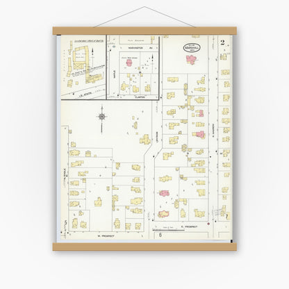 Old map wall art mockup — magnetic wood frame on white wall — Sanborn Fire Insurance Map from Marshall, Calhoun County, Michigan (1911), Sheet #0002