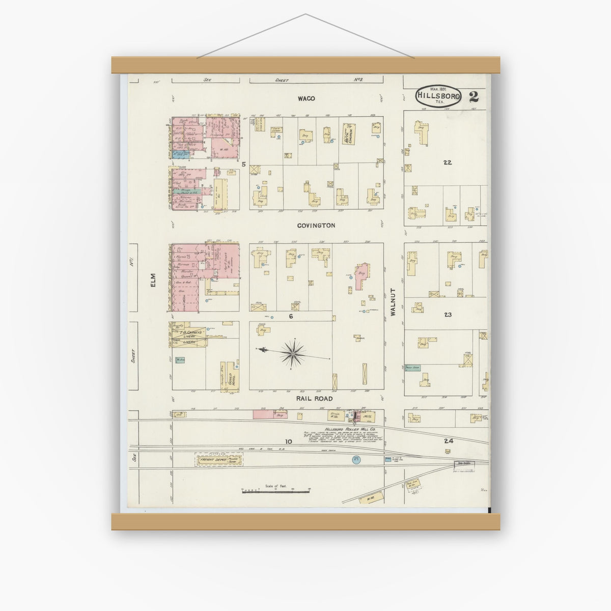 Old map wall art mockup — magnetic wood frame on white wall — Sanborn Fire Insurance Map from Hillsboro, Hill County, Texas (1891), Sheet #0002