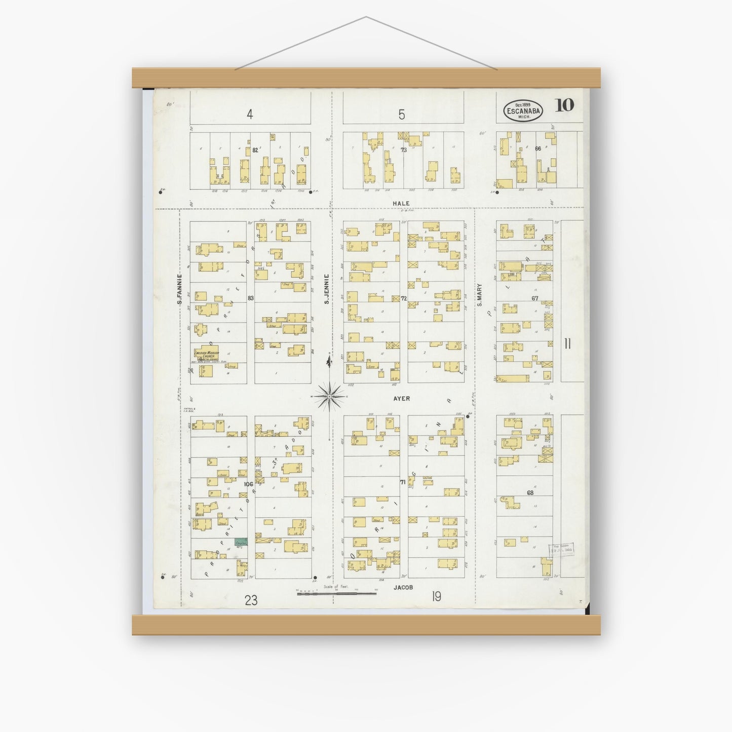 Old map wall art mockup — magnetic wood frame on white wall — Sanborn Fire Insurance Map from Escanaba, Delta County, Michigan (1899), Sheet #0010