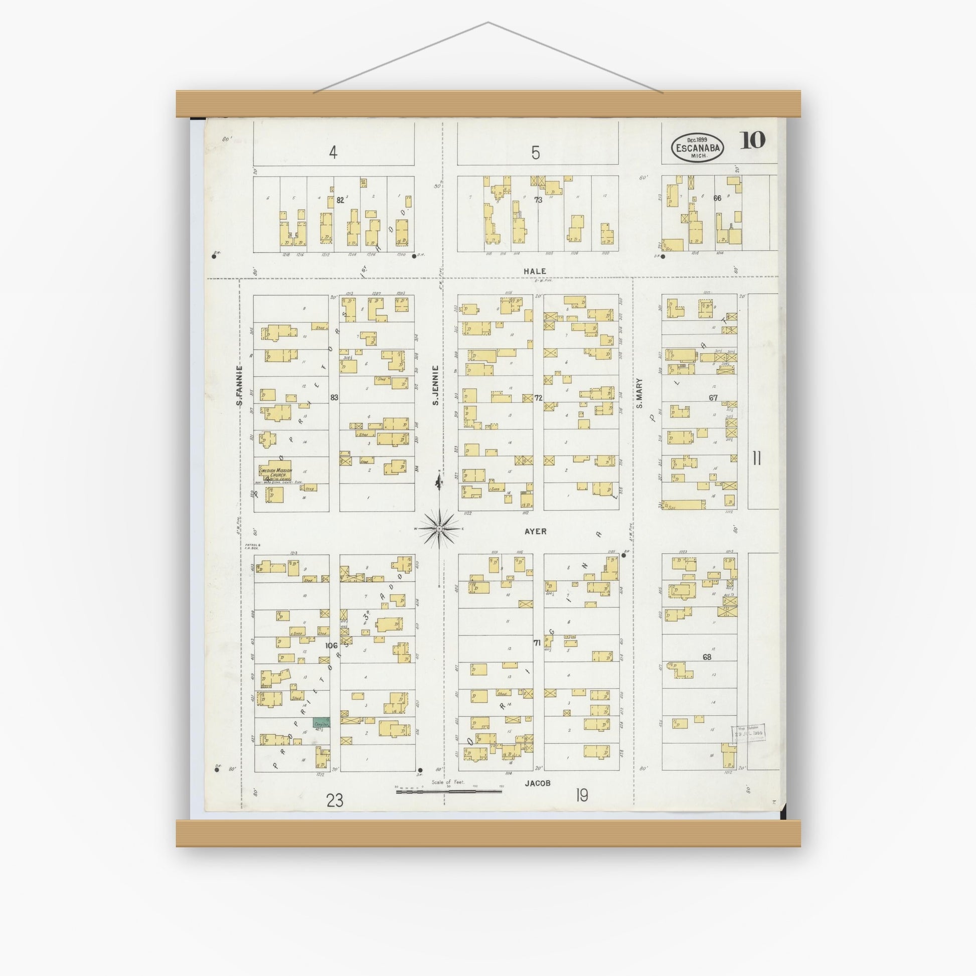 Old map wall art mockup — magnetic wood frame on white wall — Sanborn Fire Insurance Map from Escanaba, Delta County, Michigan (1899), Sheet #0010
