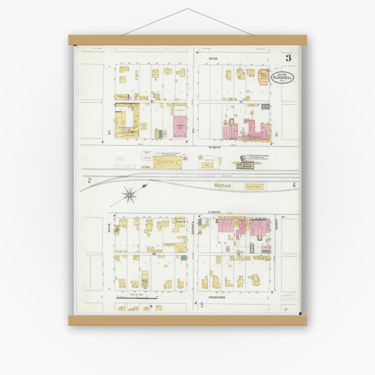 Old map wall art mockup — magnetic wood frame on white wall — Sanborn Fire Insurance Map from Bushnell, Mcdonough County, Illinois (1906), Sheet #0003