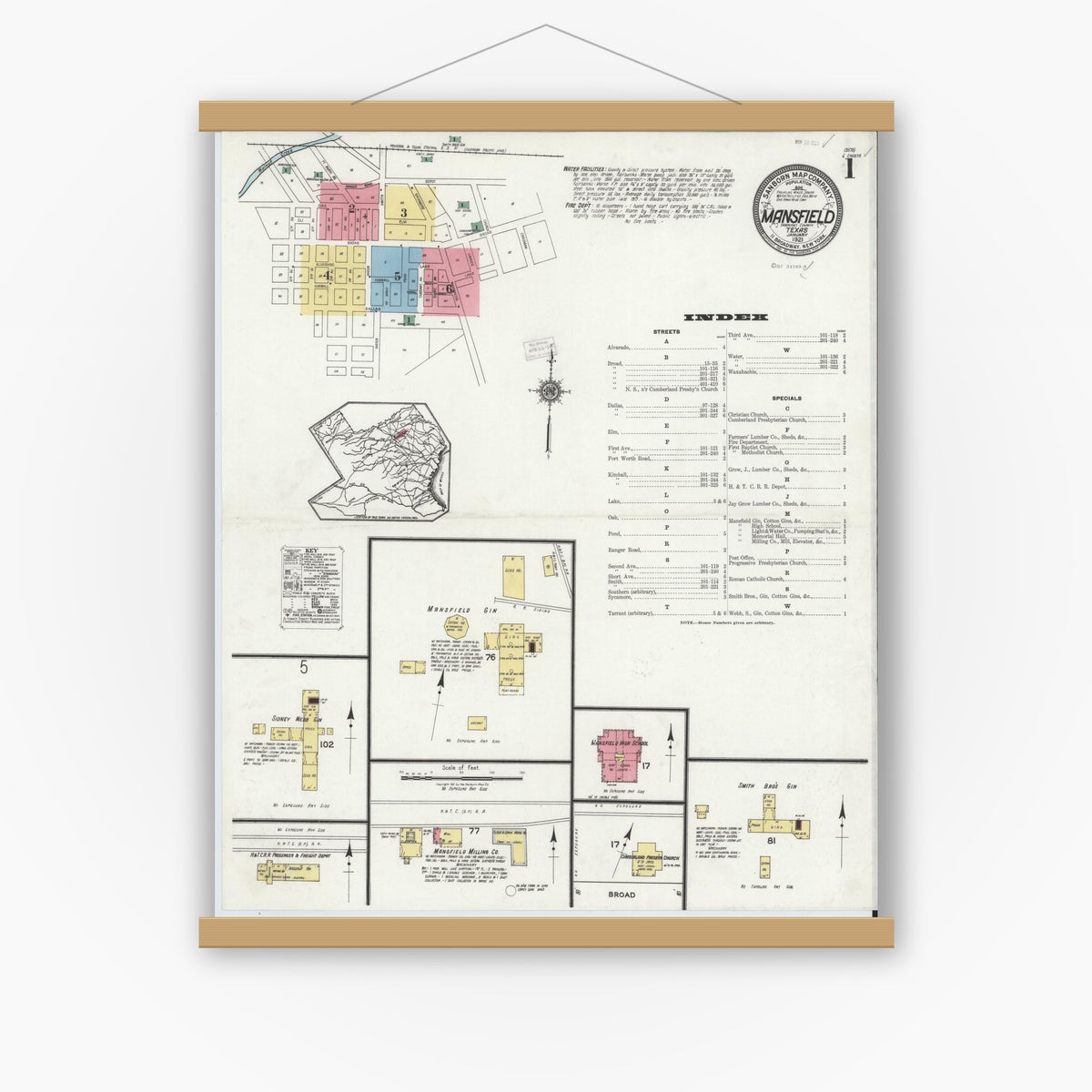 Old map wall art mockup — magnetic wood frame on white wall — Sanborn Fire Insurance Map from Mansfield, Tarrant County, Texas (1921) - Complete Map Set