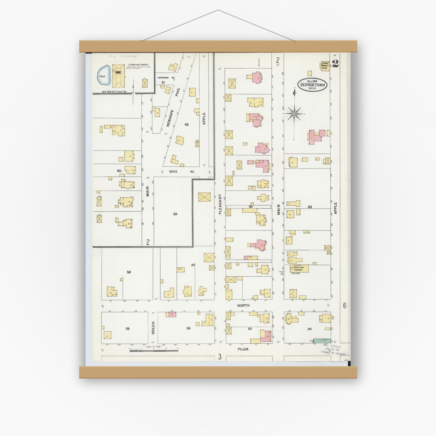 Old map wall art mockup — magnetic wood frame on white wall — Sanborn Fire Insurance Map from Georgetown, Brown County, Ohio (1904), Sheet #0002
