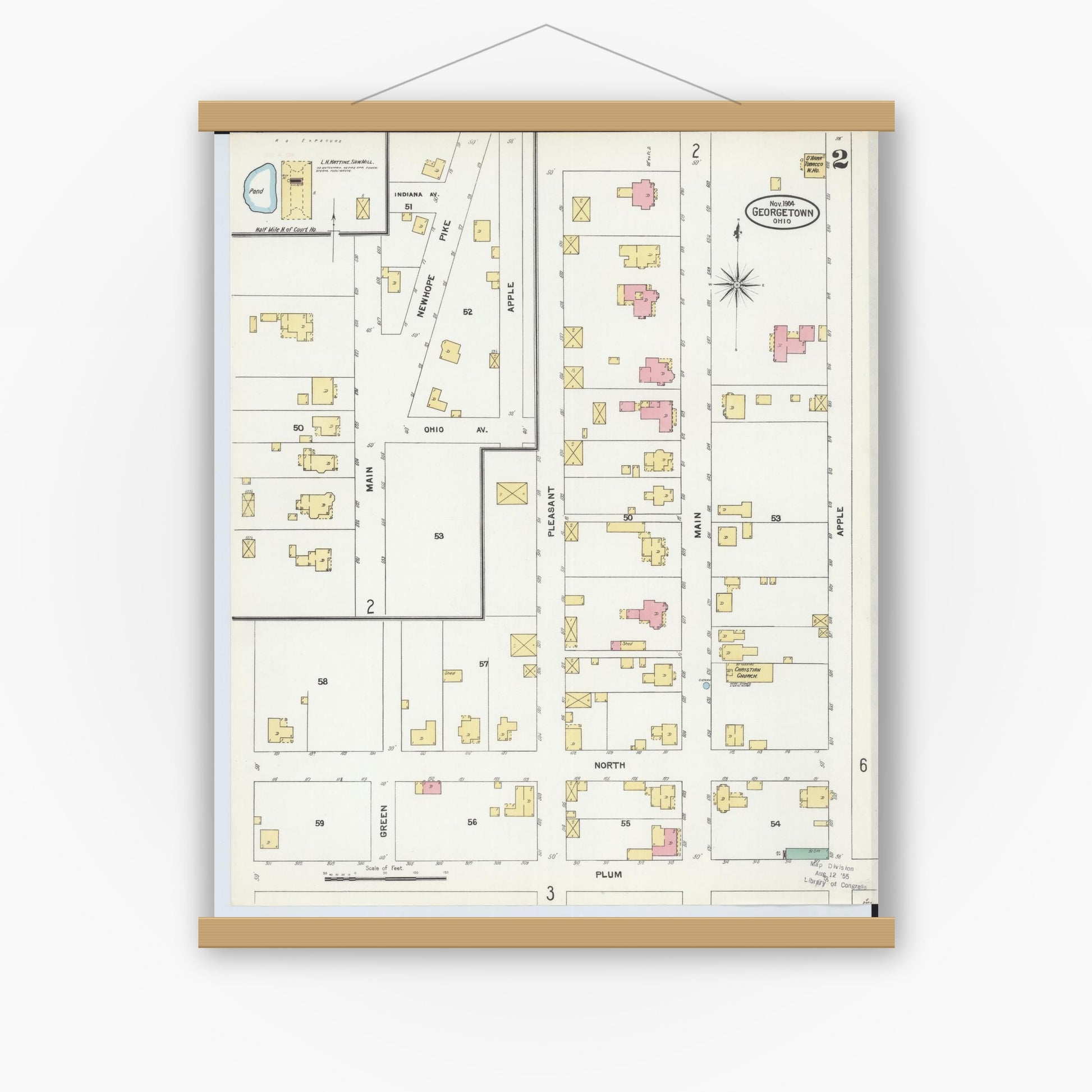 Old map wall art mockup — magnetic wood frame on white wall — Sanborn Fire Insurance Map from Georgetown, Brown County, Ohio (1904), Sheet #0002
