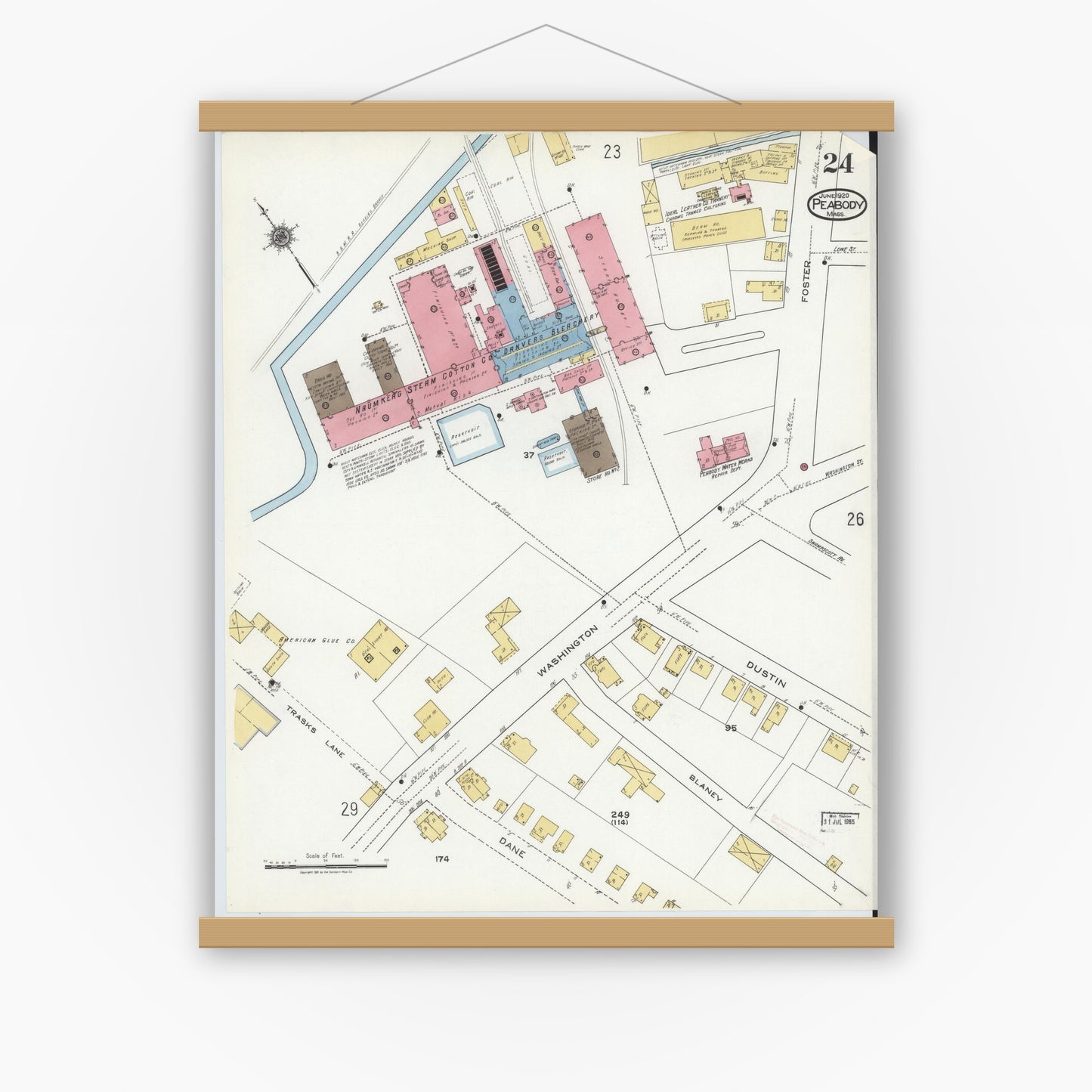 Old map wall art mockup — magnetic wood frame on white wall — Sanborn Fire Insurance Map from Peabody, Essex County, Massachusetts (1920), Sheet #0024