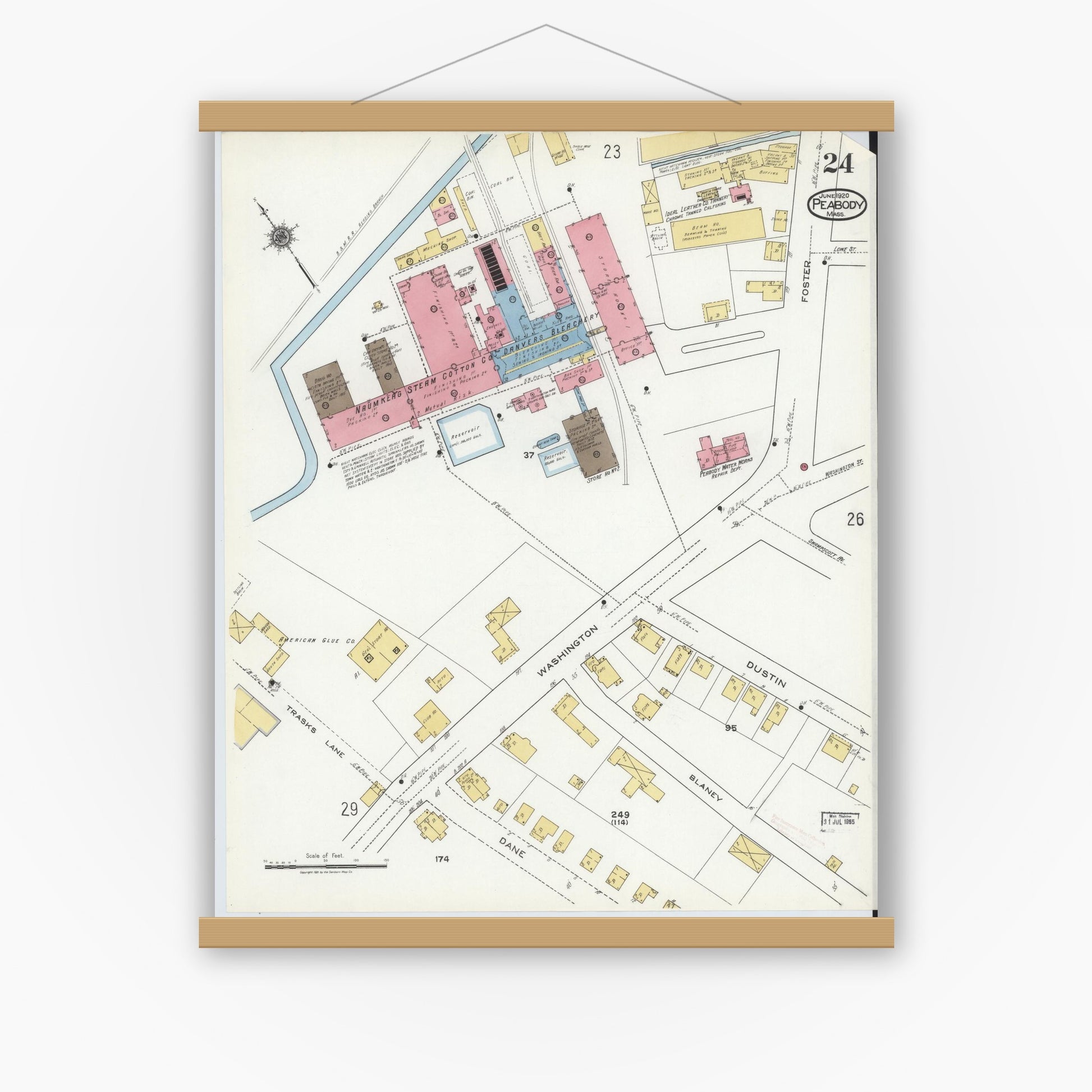 Old map wall art mockup — magnetic wood frame on white wall — Sanborn Fire Insurance Map from Peabody, Essex County, Massachusetts (1920), Sheet #0024