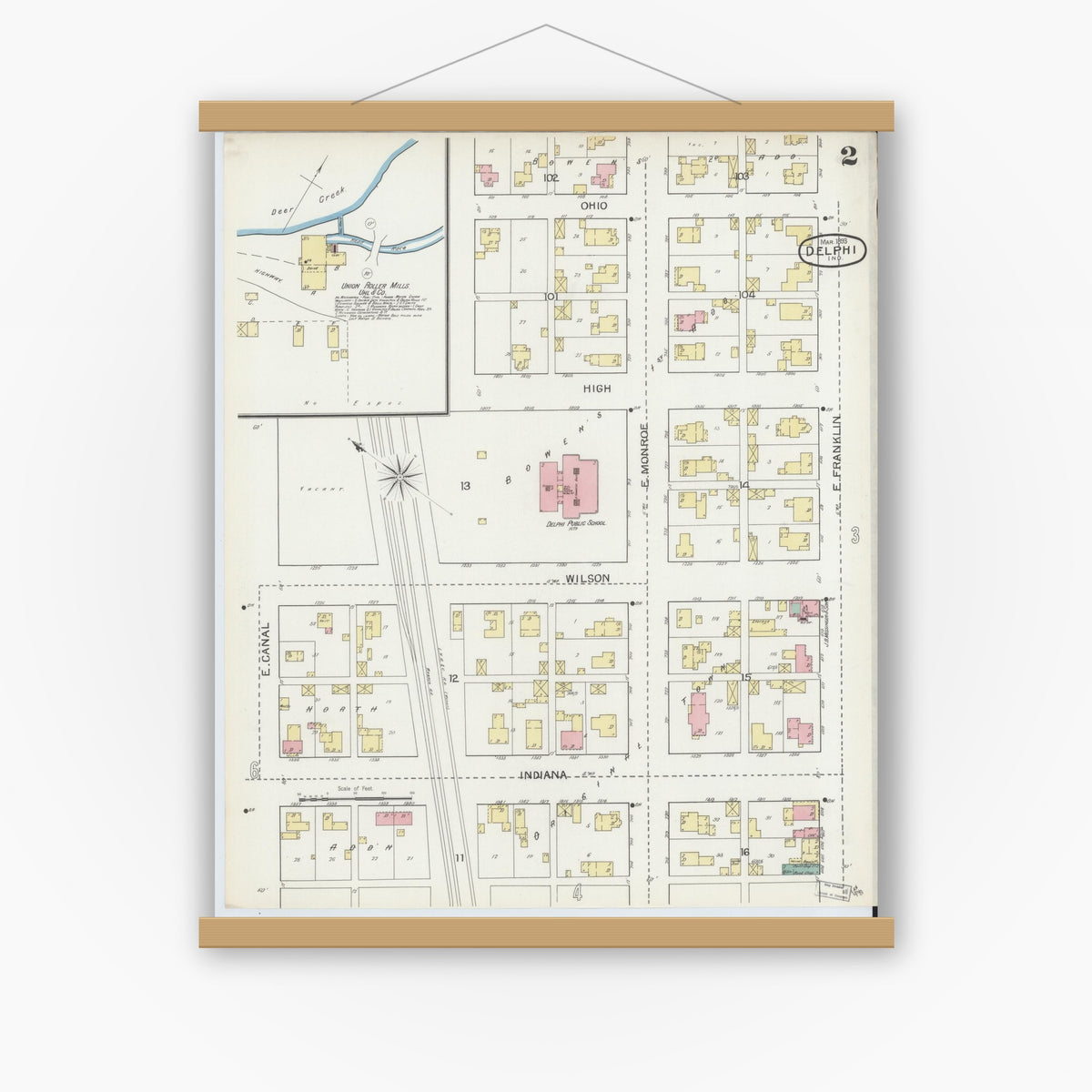 Old map wall art mockup — magnetic wood frame on white wall — Sanborn Fire Insurance Map from Delphi, Carroll County, Indiana (1893), Sheet #0002
