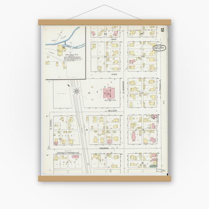 Old map wall art mockup — magnetic wood frame on white wall — Sanborn Fire Insurance Map from Delphi, Carroll County, Indiana (1893), Sheet #0002