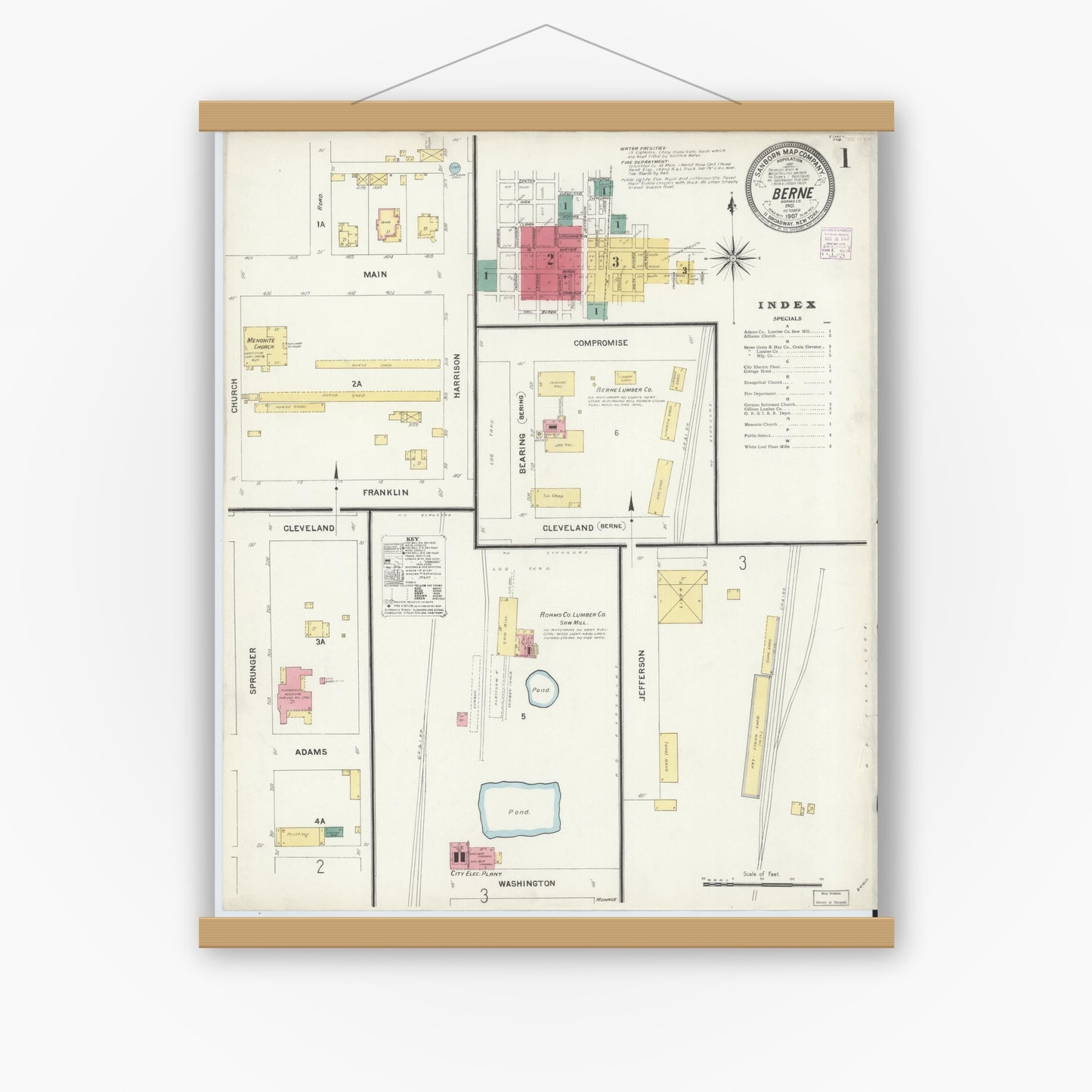 Old map wall art mockup — magnetic wood frame on white wall — Sanborn Fire Insurance Map from Berne, Adams County, Indiana (1907) - Complete Map Set