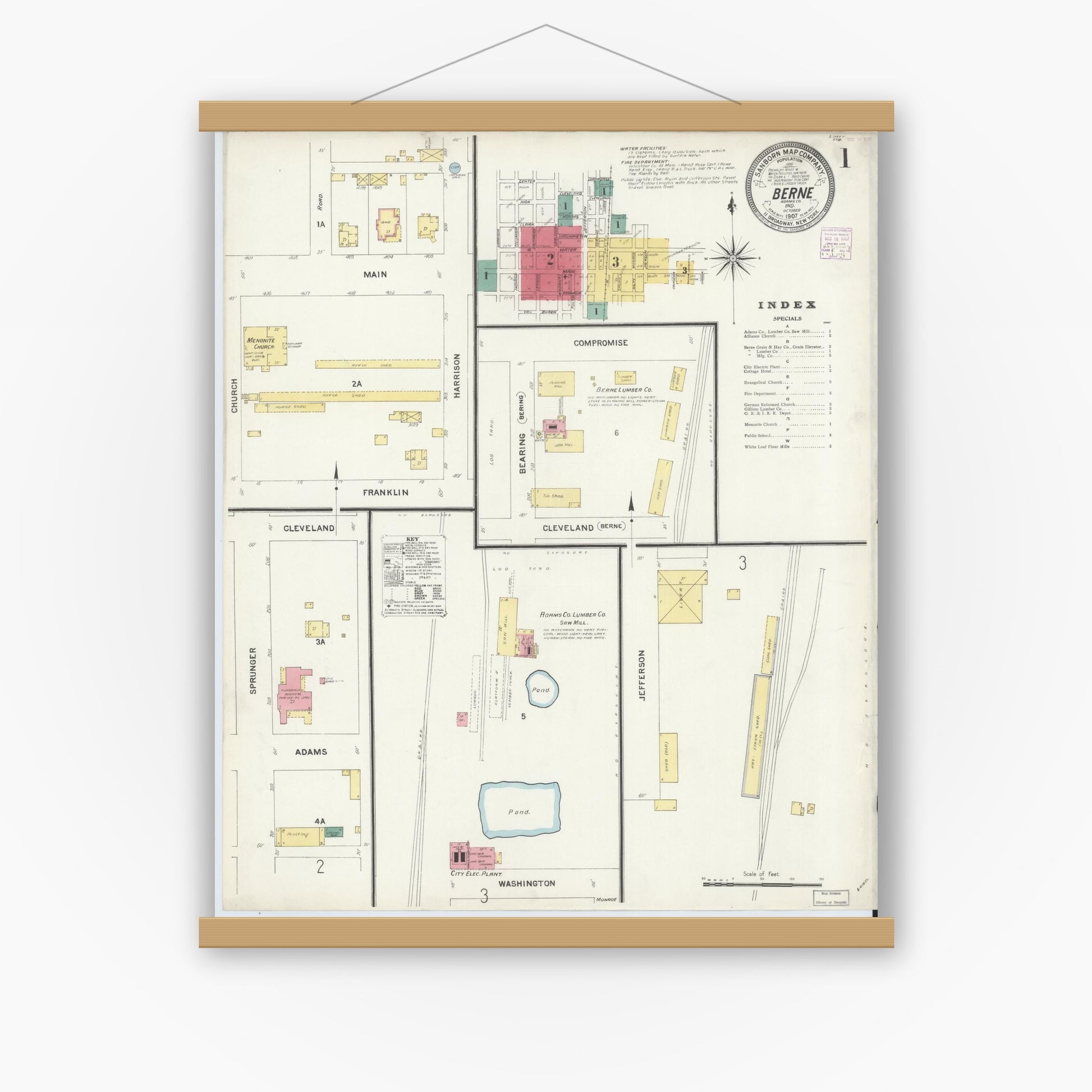Old map wall art mockup — magnetic wood frame on white wall — Sanborn Fire Insurance Map from Berne, Adams County, Indiana (1907) - Complete Map Set