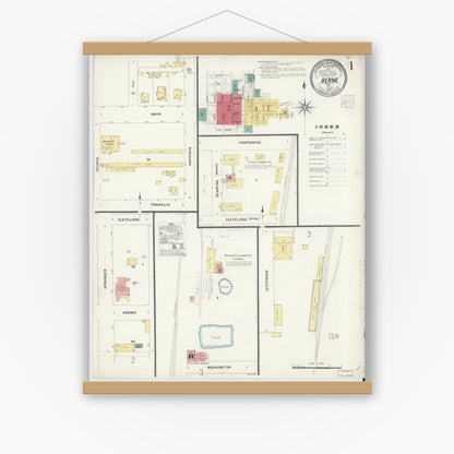 Old map wall art mockup — magnetic wood frame on white wall — Sanborn Fire Insurance Map from Berne, Adams County, Indiana (1907) - Complete Map Set