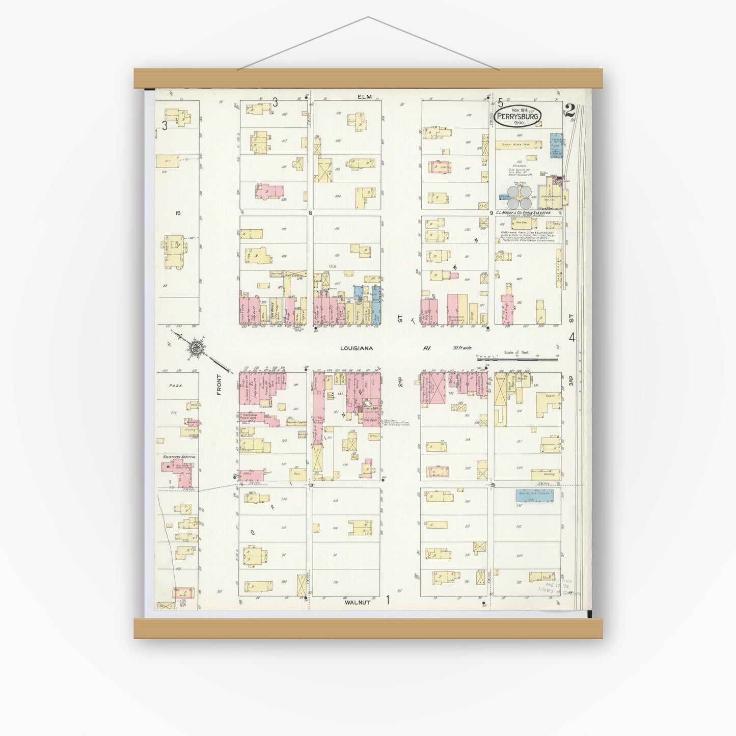 Old map wall art mockup — magnetic wood frame on white wall — Sanborn Fire Insurance Map from Perrysburg, Wood County, Ohio (1914), Sheet #0002