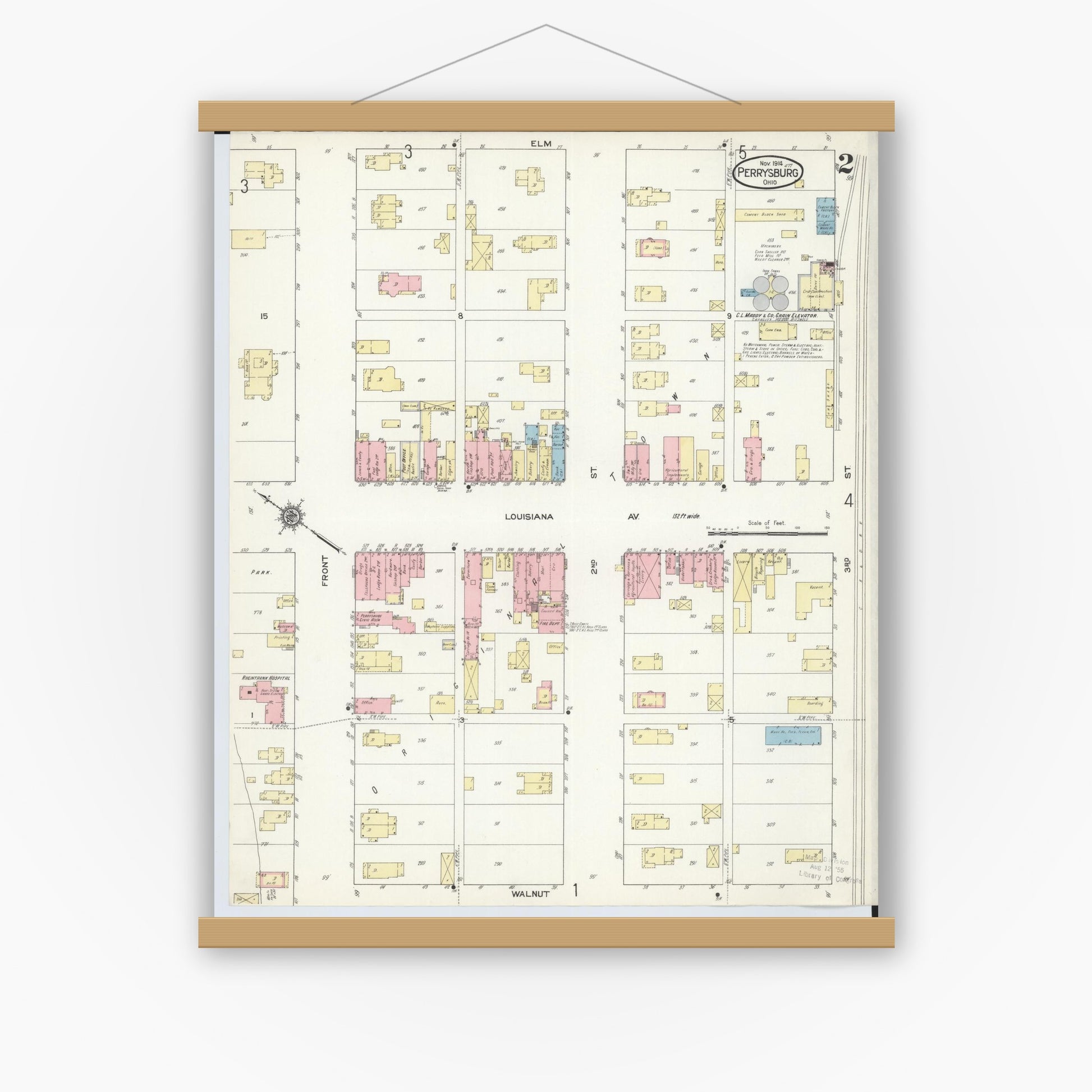 Old map wall art mockup — magnetic wood frame on white wall — Sanborn Fire Insurance Map from Perrysburg, Wood County, Ohio (1914), Sheet #0002
