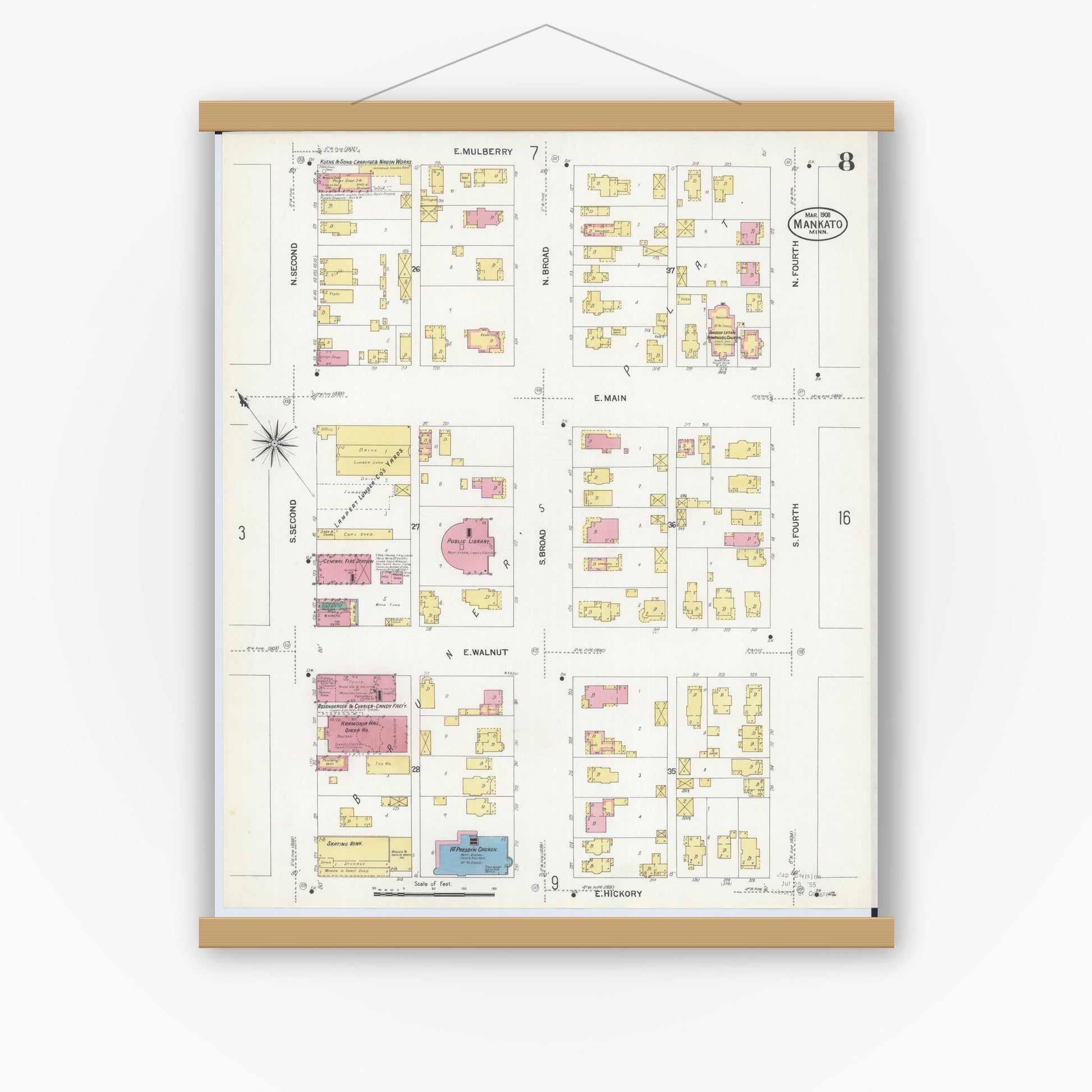 Old map wall art mockup — magnetic wood frame on white wall — Sanborn Fire Insurance Map from Mankato, Blue Earth County, Minnesota (1908), Sheet #0008