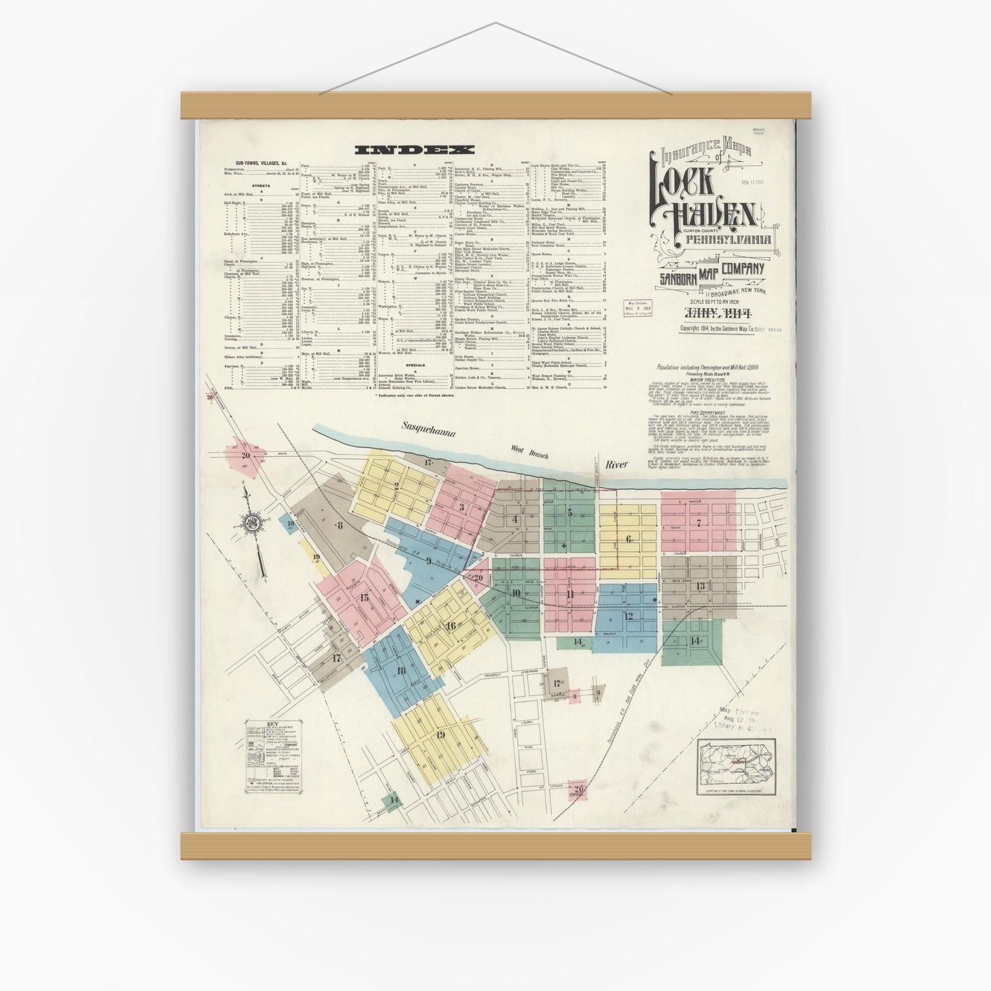 Old map wall art mockup — magnetic wood frame on white wall — Sanborn Fire Insurance Map from Lock Haven, Clinton County, Pennsylvania (1914) - Complete Map Set