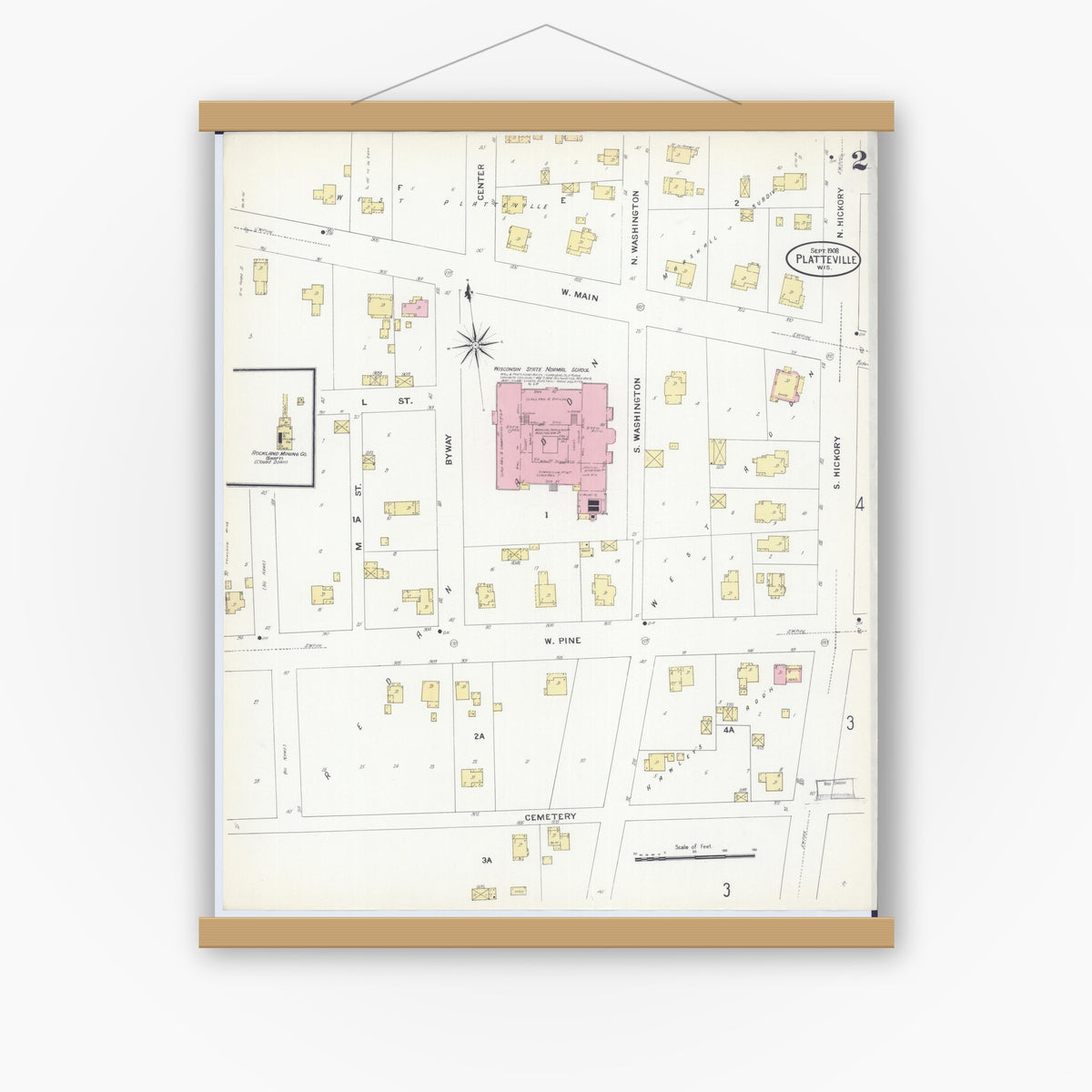 Old map wall art mockup — magnetic wood frame on white wall — Sanborn Fire Insurance Map from Platteville, Grant County, Wisconsin (1908), Sheet #0002