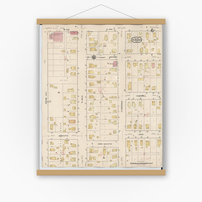 Old map wall art mockup — magnetic wood frame on white wall — Sanborn Fire Insurance Map from Durand, Shiawassee County, Michigan (1944), Sheet #0006