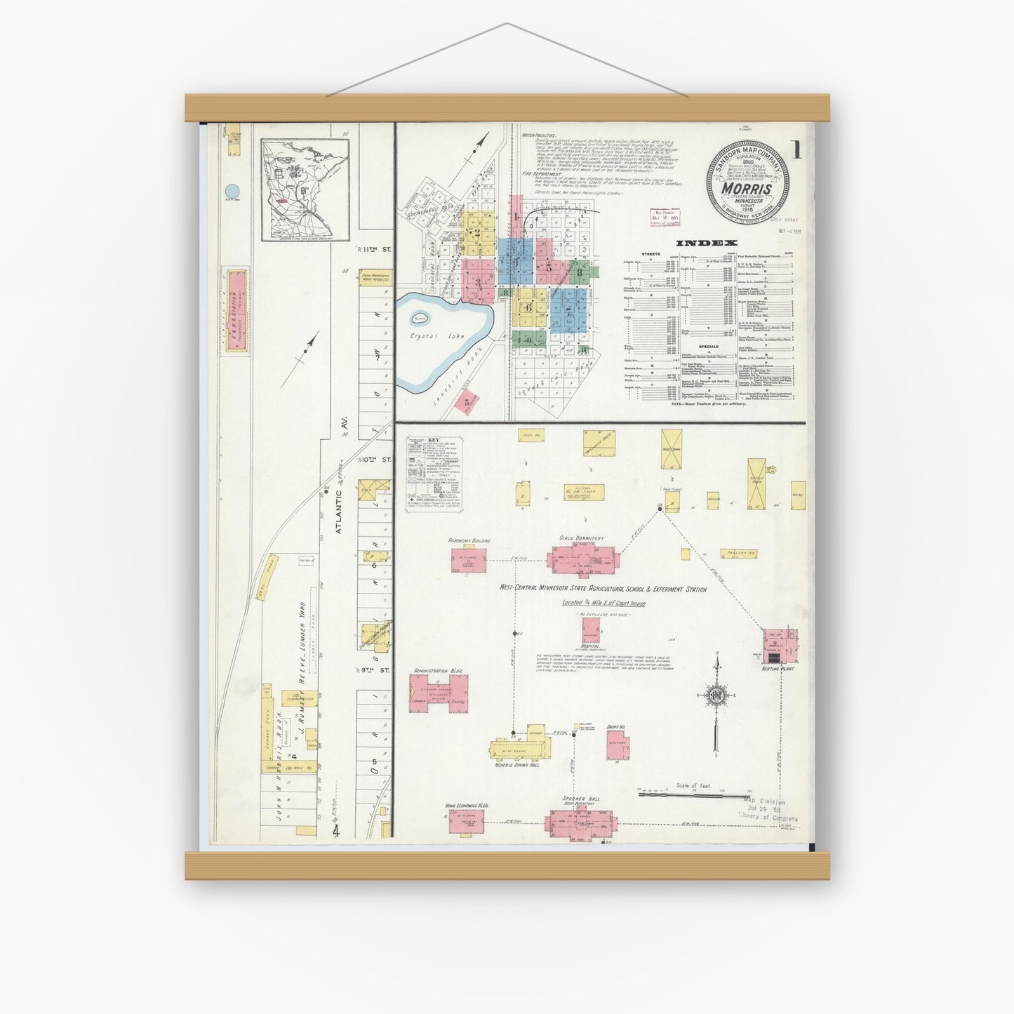 Old map wall art mockup — magnetic wood frame on white wall — Sanborn Fire Insurance Map from Morris, Stevens County, Minnesota (1915), Sheet #0001